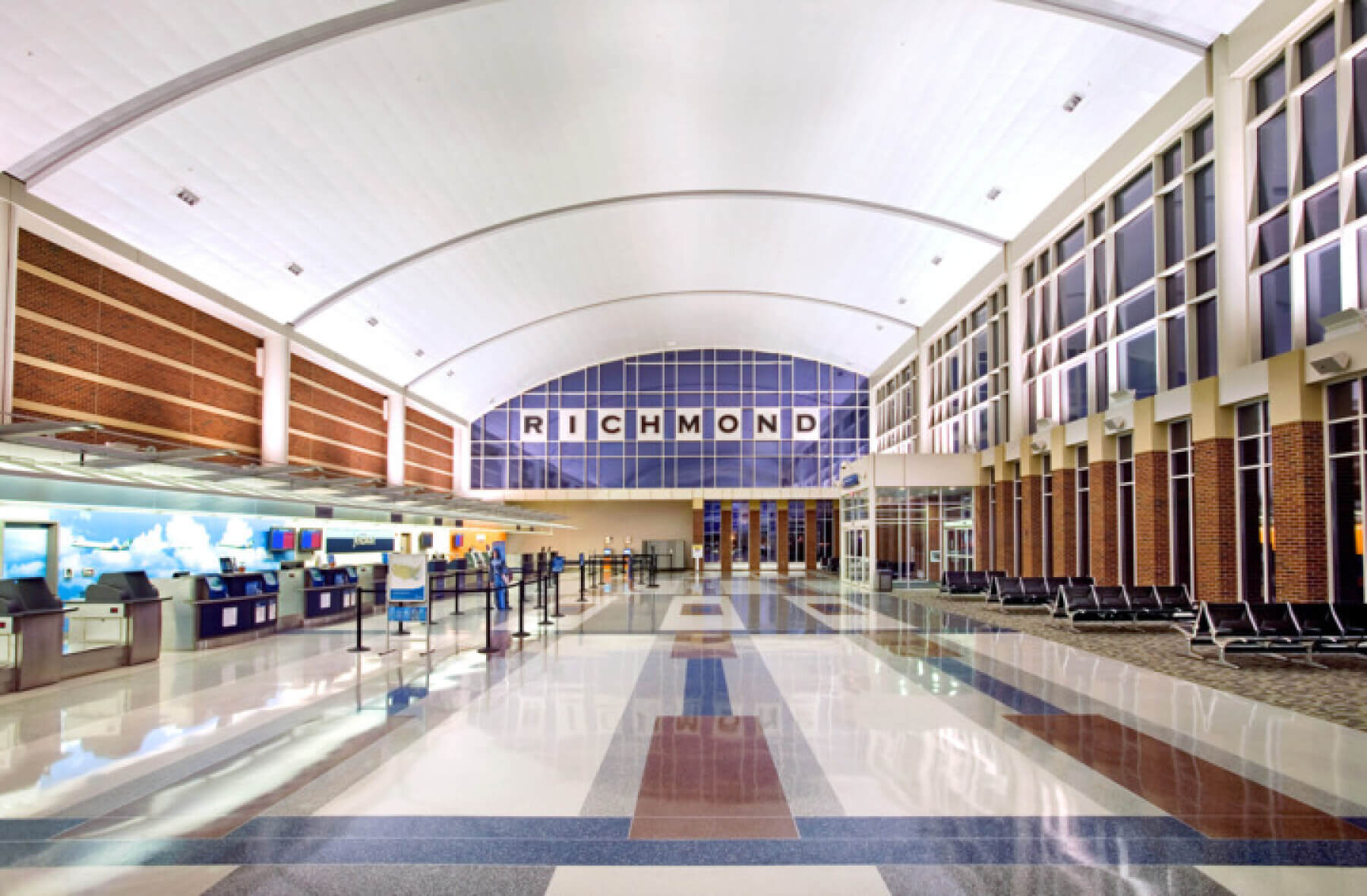 the terminal lobby and ticketing counters at Richmond International Airport