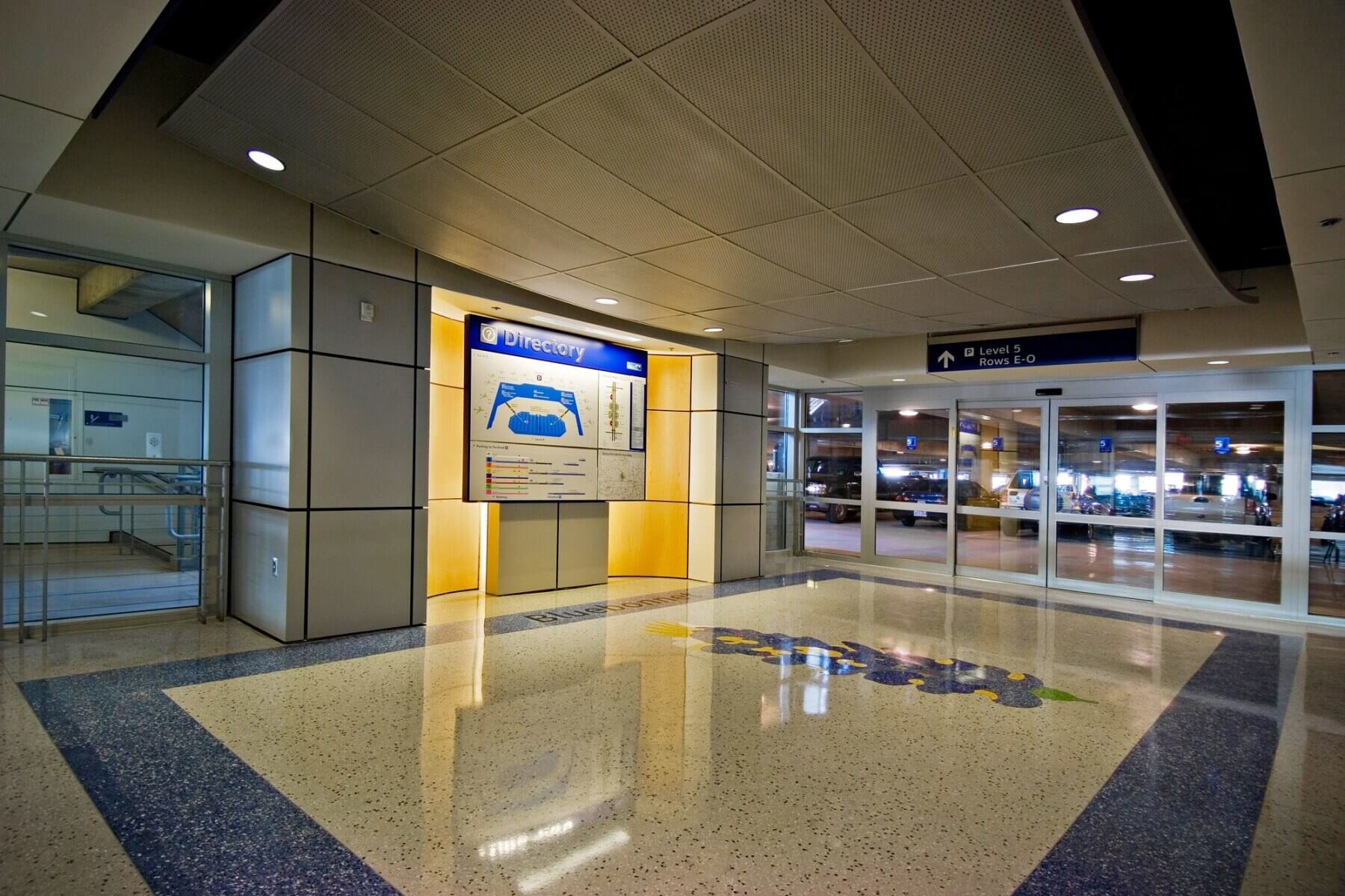 lobby with wayfinding directory at Dallas/Forth Worth International Airport parking garage D