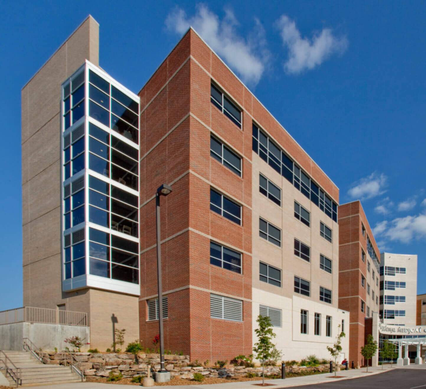 the end of the building with large expanses of glass