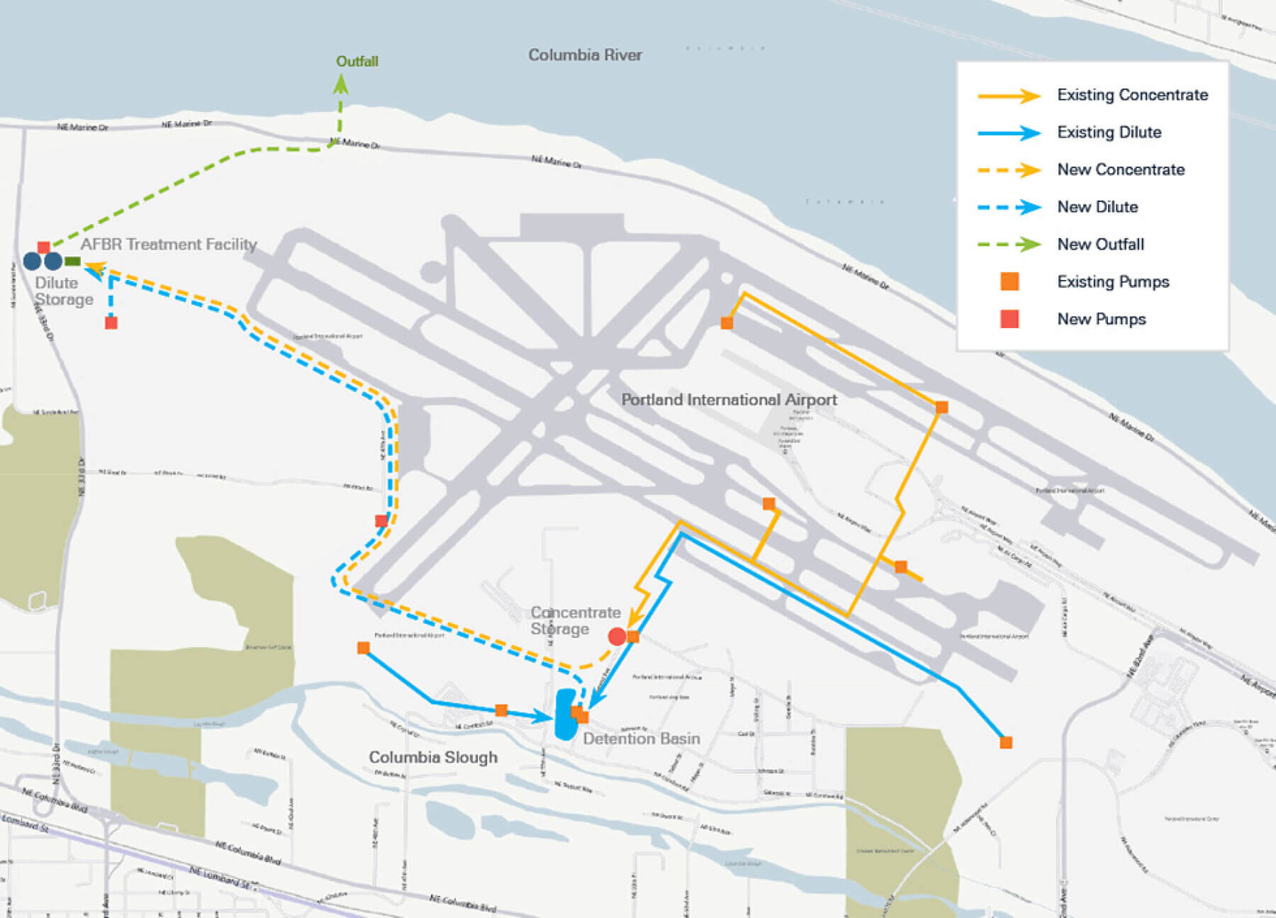 a map illustrating how the deicer management system conveyance maneuvers through the Portland International Airport site