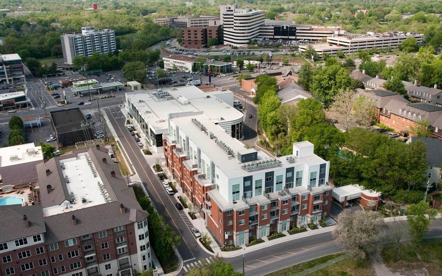 An aerial shot of the Belle Meade Town Center Mixed-Use Development