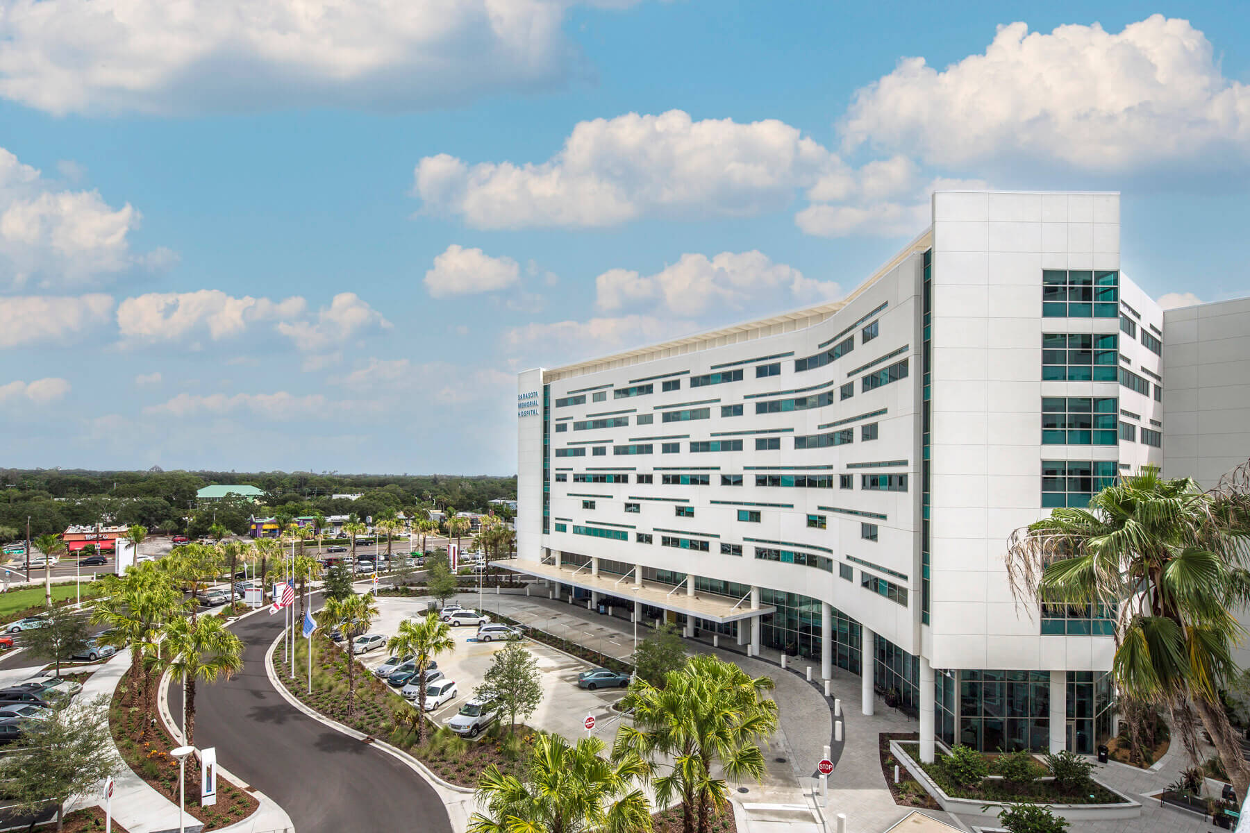 The exterior of the nine-story patient tower at Sarasota Memorial Hospital