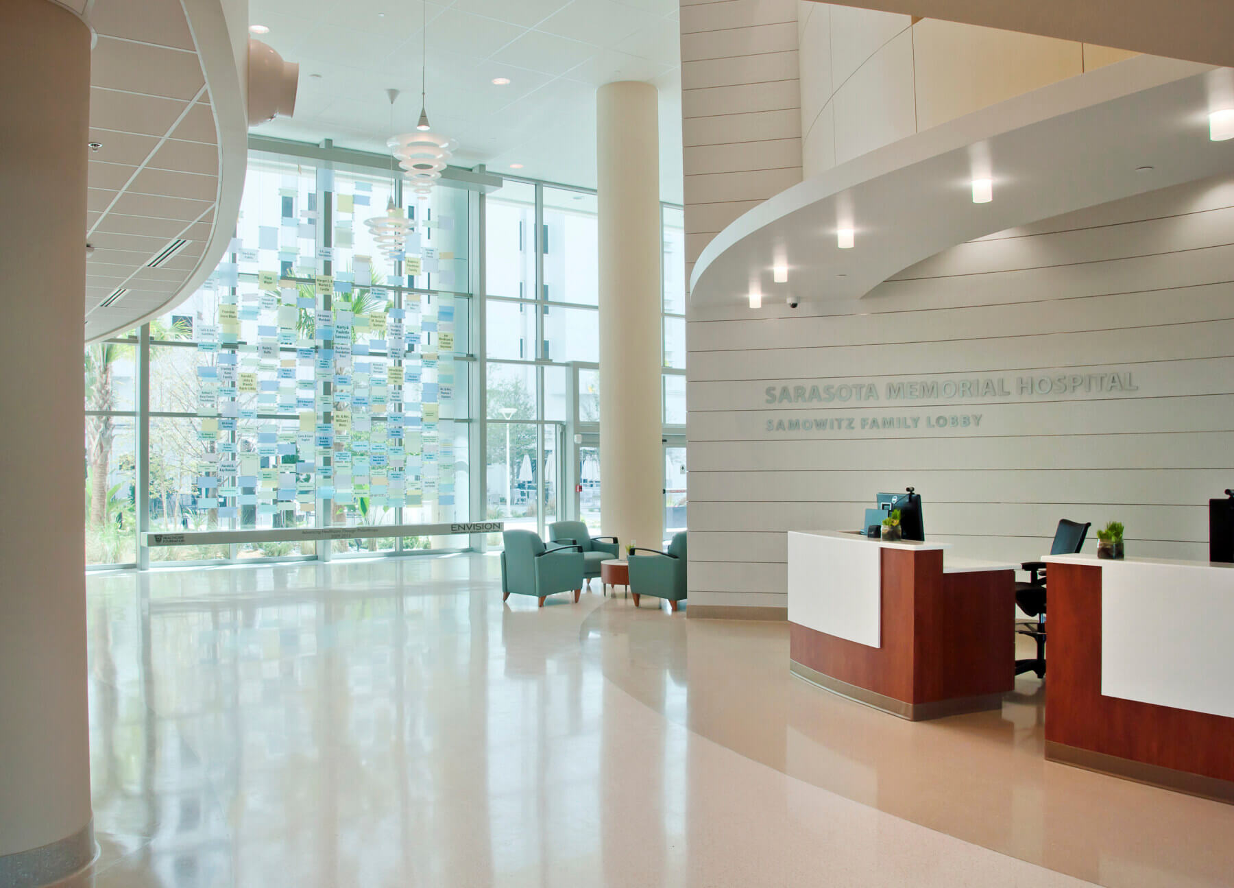 reception area in the lobby of the inpatient tower at Sarasota Memorial Hospital
