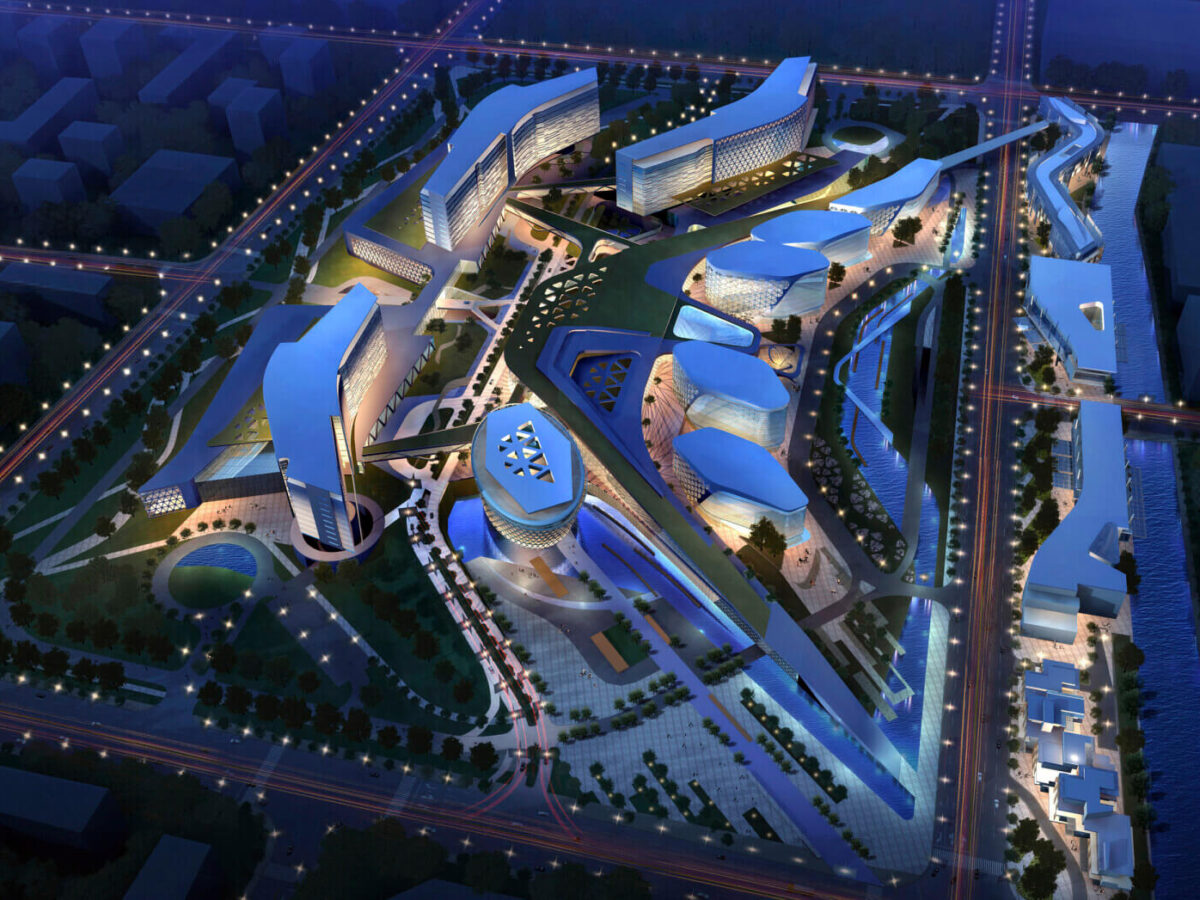 nighttime aerial rendering of Shanghai International Medical City