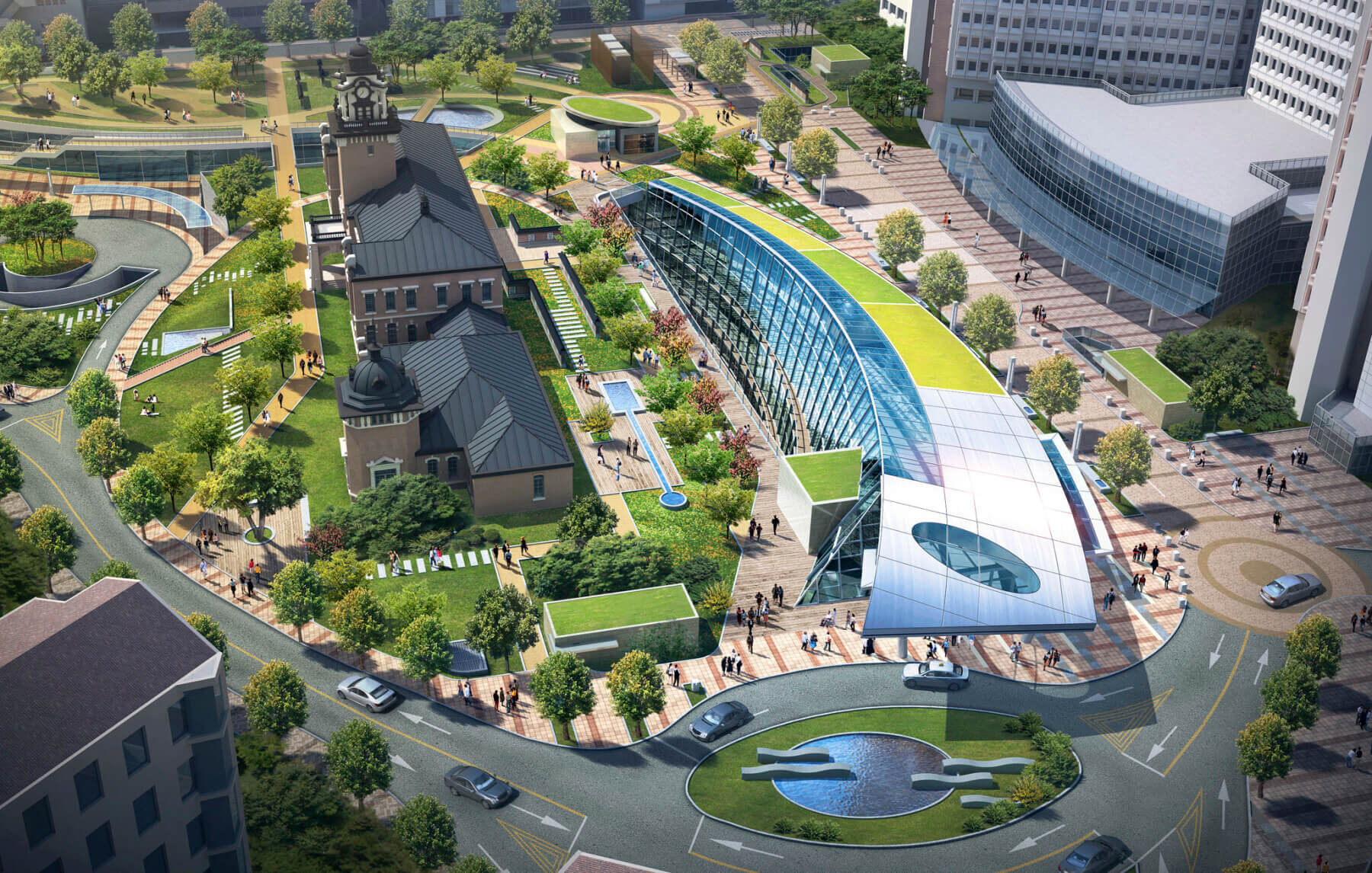 aerial rendering of glass building in middle of hospital campus