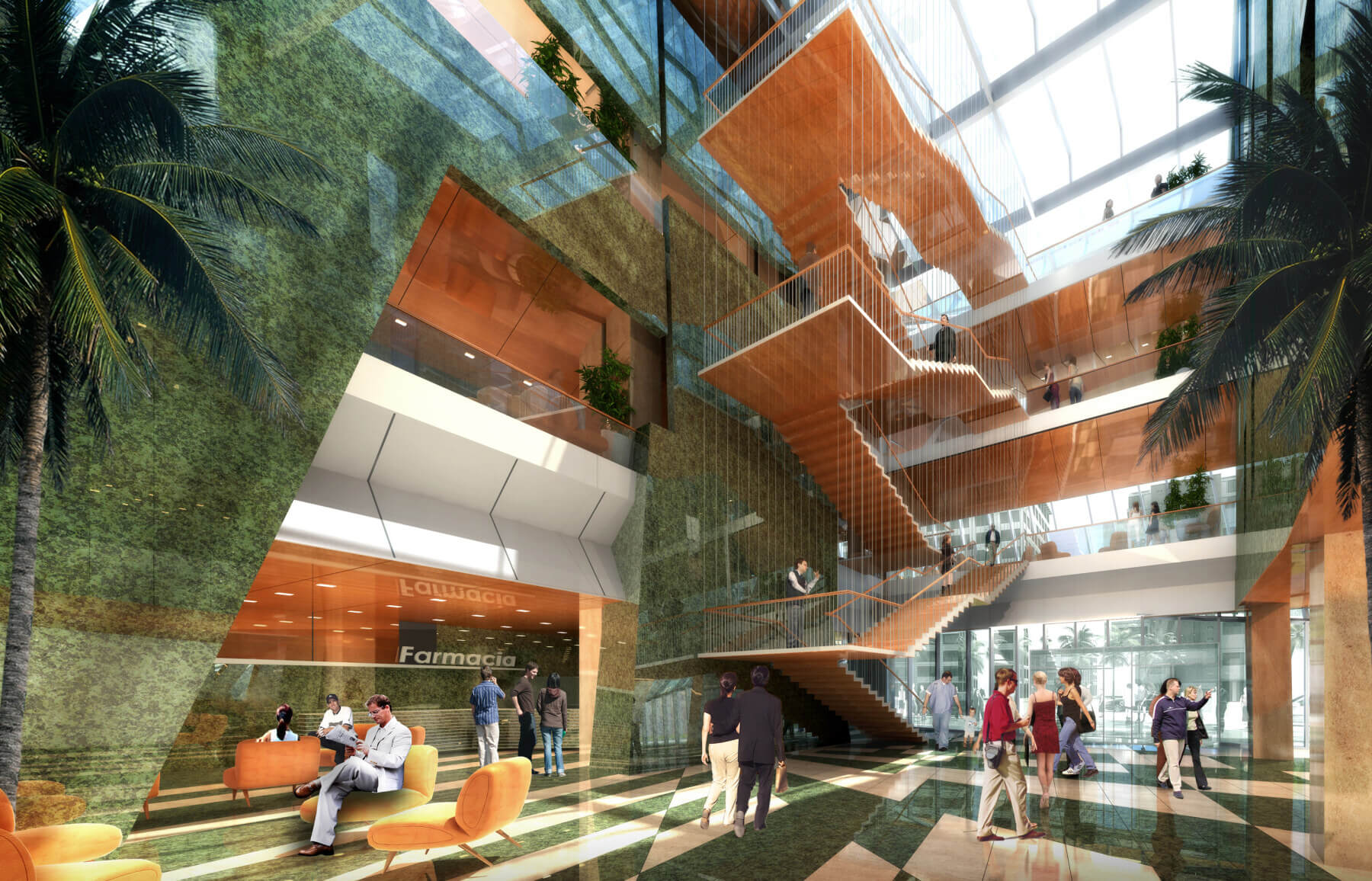 : rendering of four-story lobby with open staircase