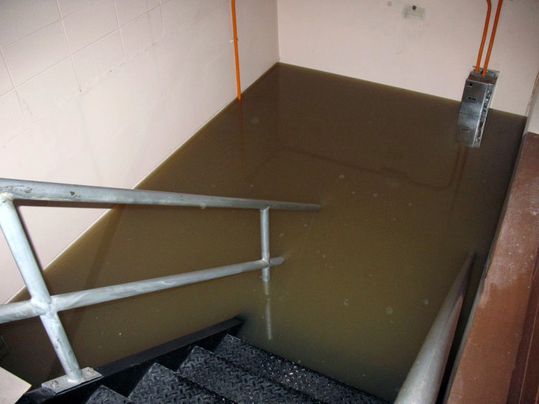Flooded stairwell at K.R. Harrington Water Treatment Plant.