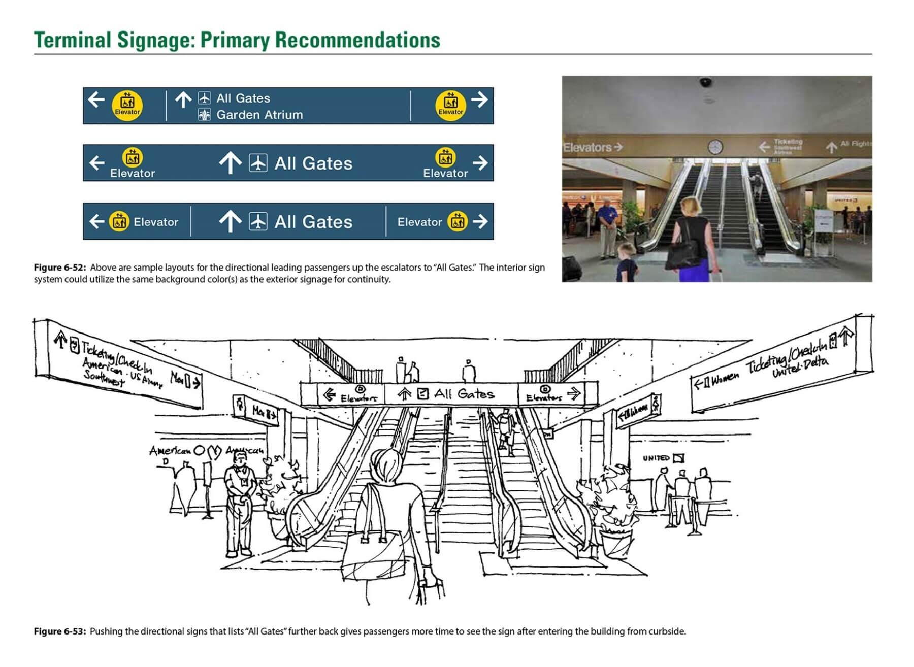 a page from the signage evaluation report for Norfolk International Airport with primary terminal signage recommendations