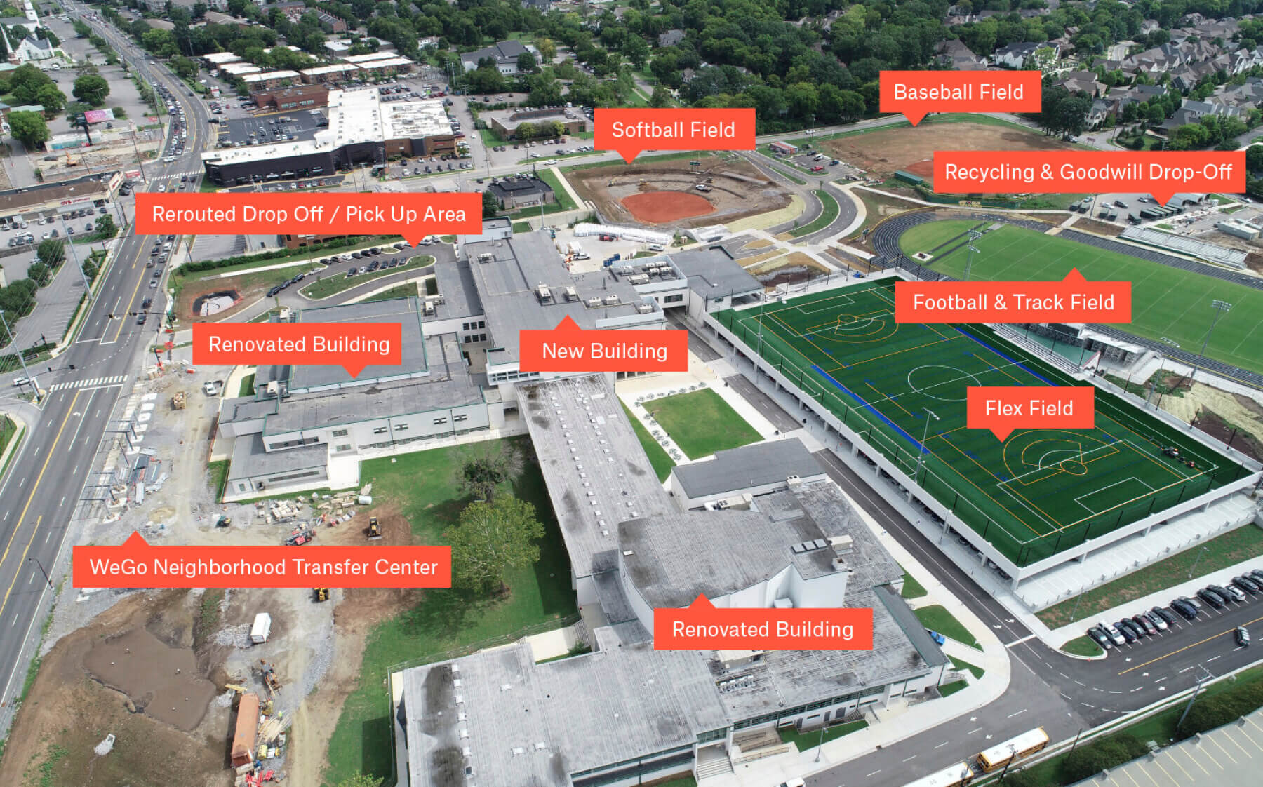 An aerial shot of Hillsboro High School with orange labels