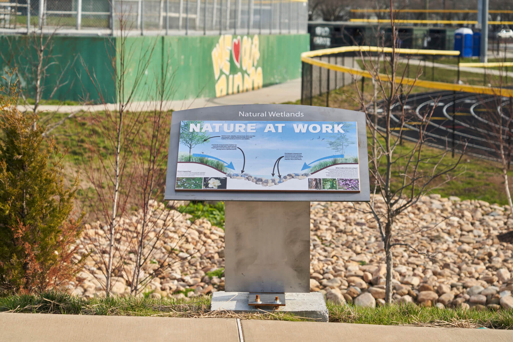 An shot of educational signs about the natural wetlands at Hillsboro High School