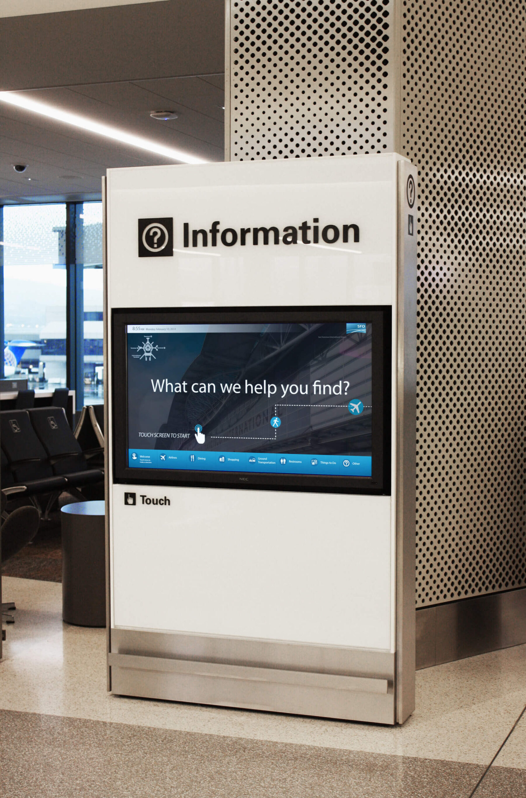 a kiosk with digital wayfinding guidance inside San Francisco International Airport