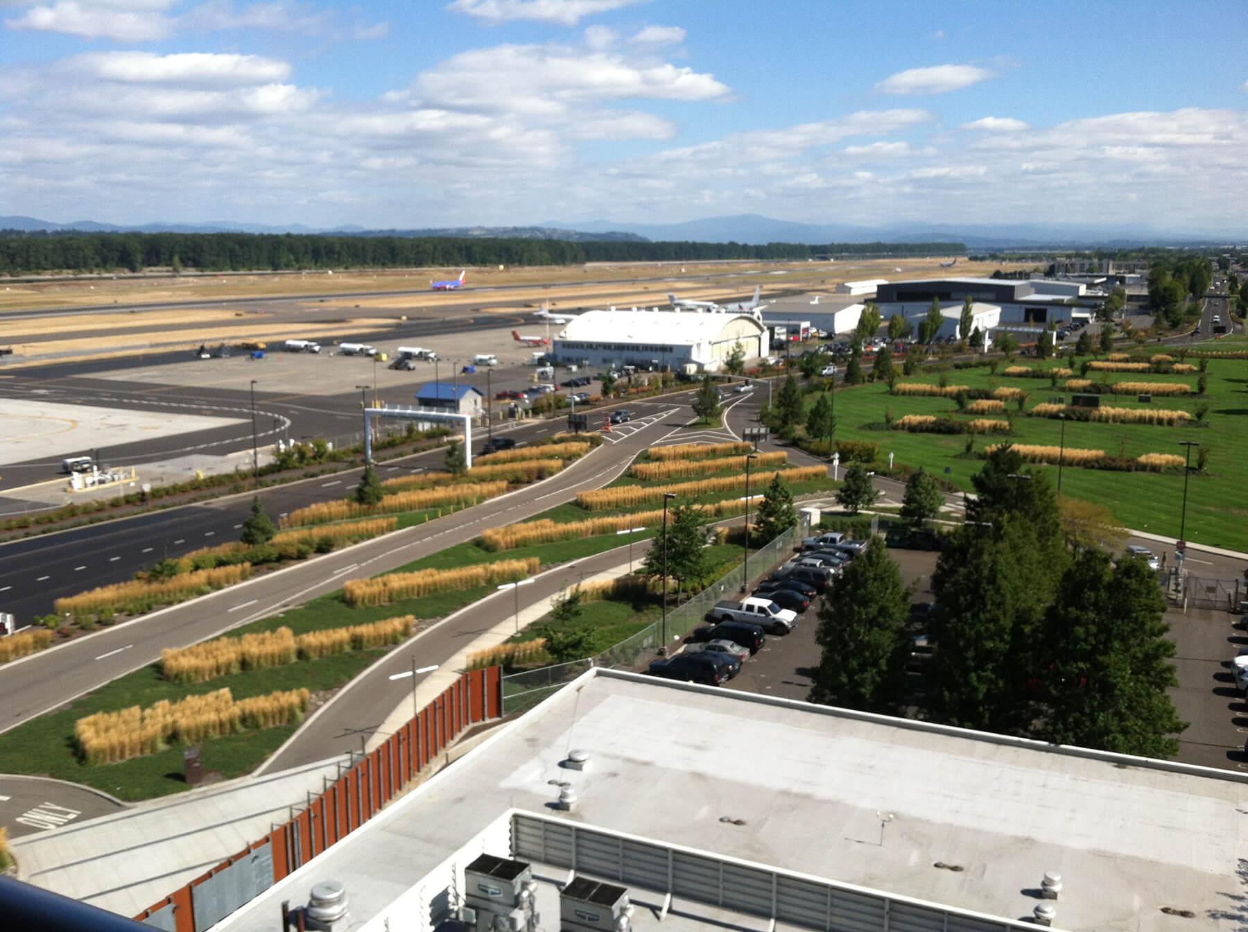 Aerial view of Portland International Airport and runway