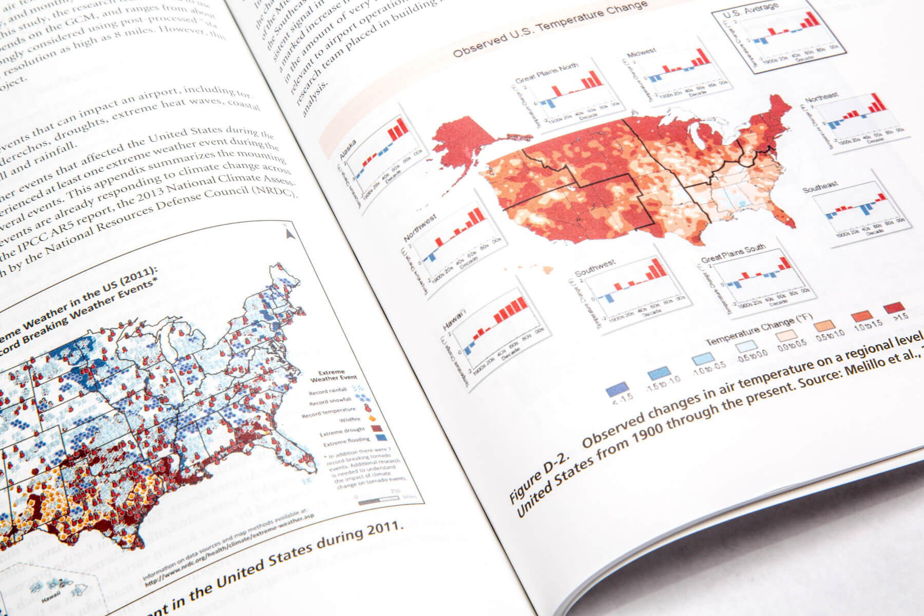 a close up of a page inside ACRP research report 147 with maps of the US showing temperature change