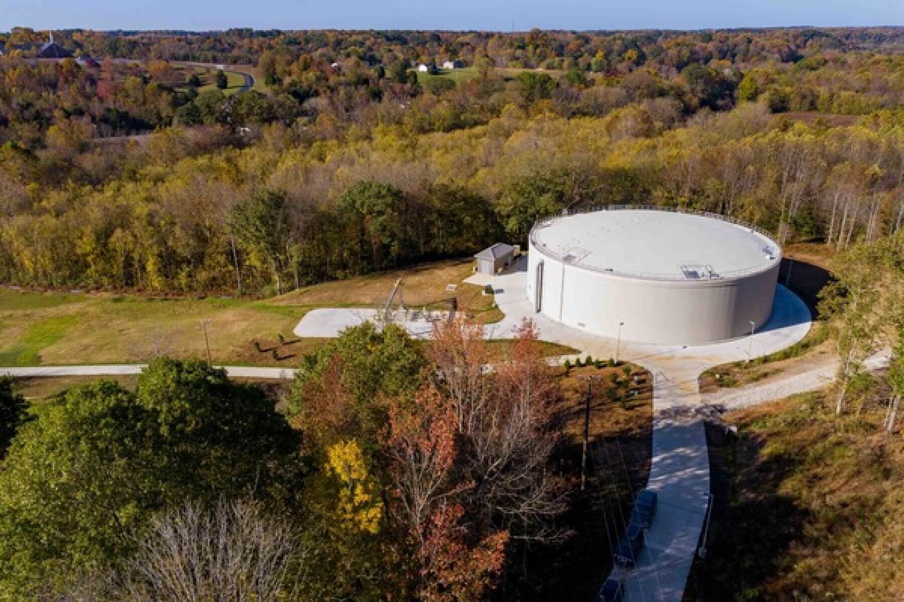 Aerial view of wastewater storage facility.
