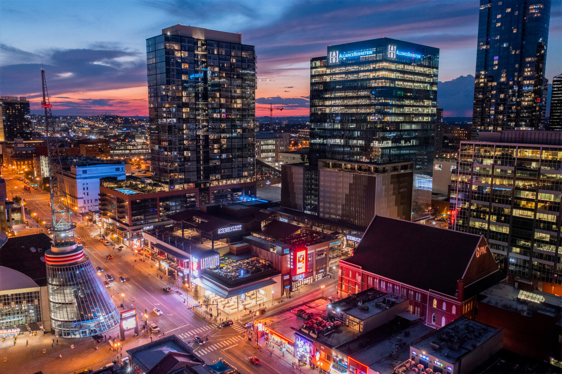 Aerial view of Fifth and Broadway at night