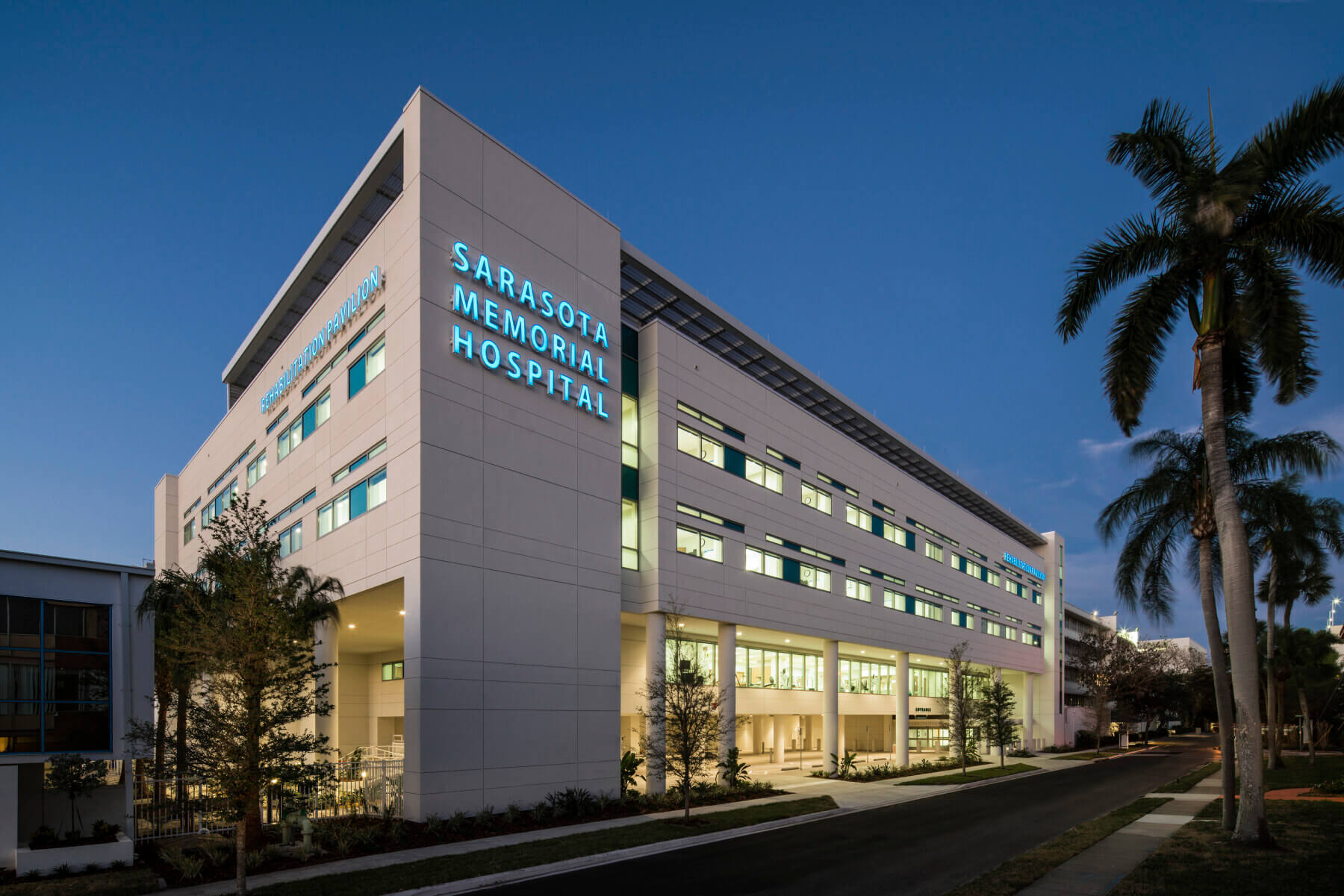 the exterior of the four-story rehabilitation addition at Sarasota Memorial Hospital