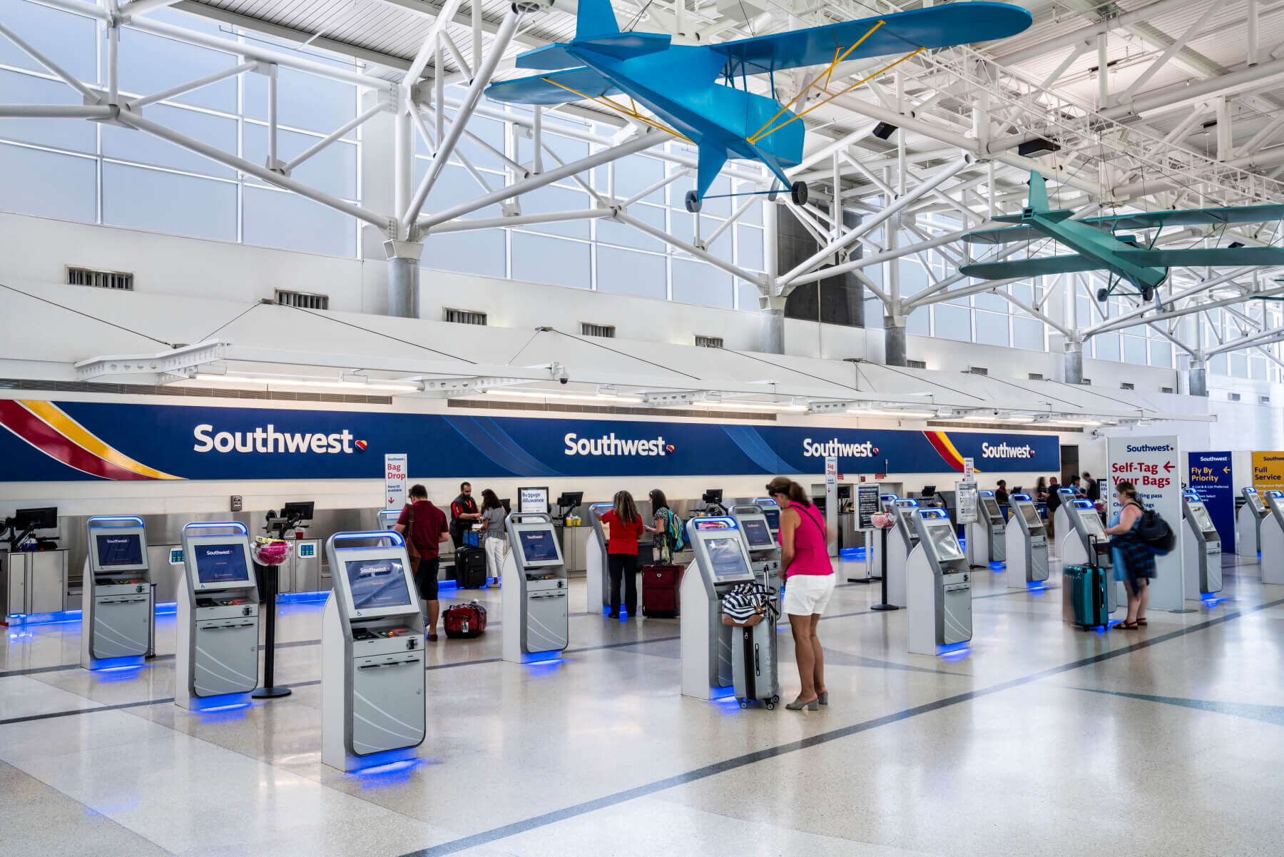 Southwest ticket counter and bag tagging kiosks at Fort Lauderdale-Hollywood International Airport