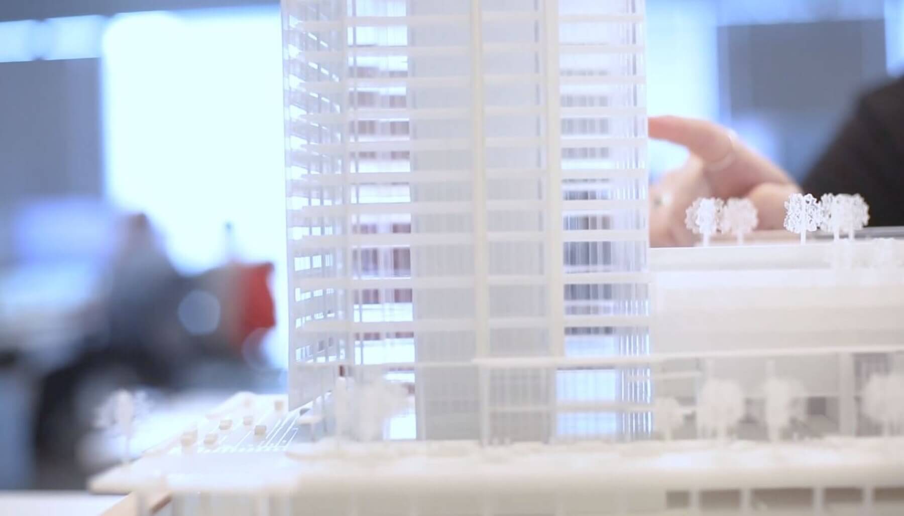 3-D printed model of office building with trees
