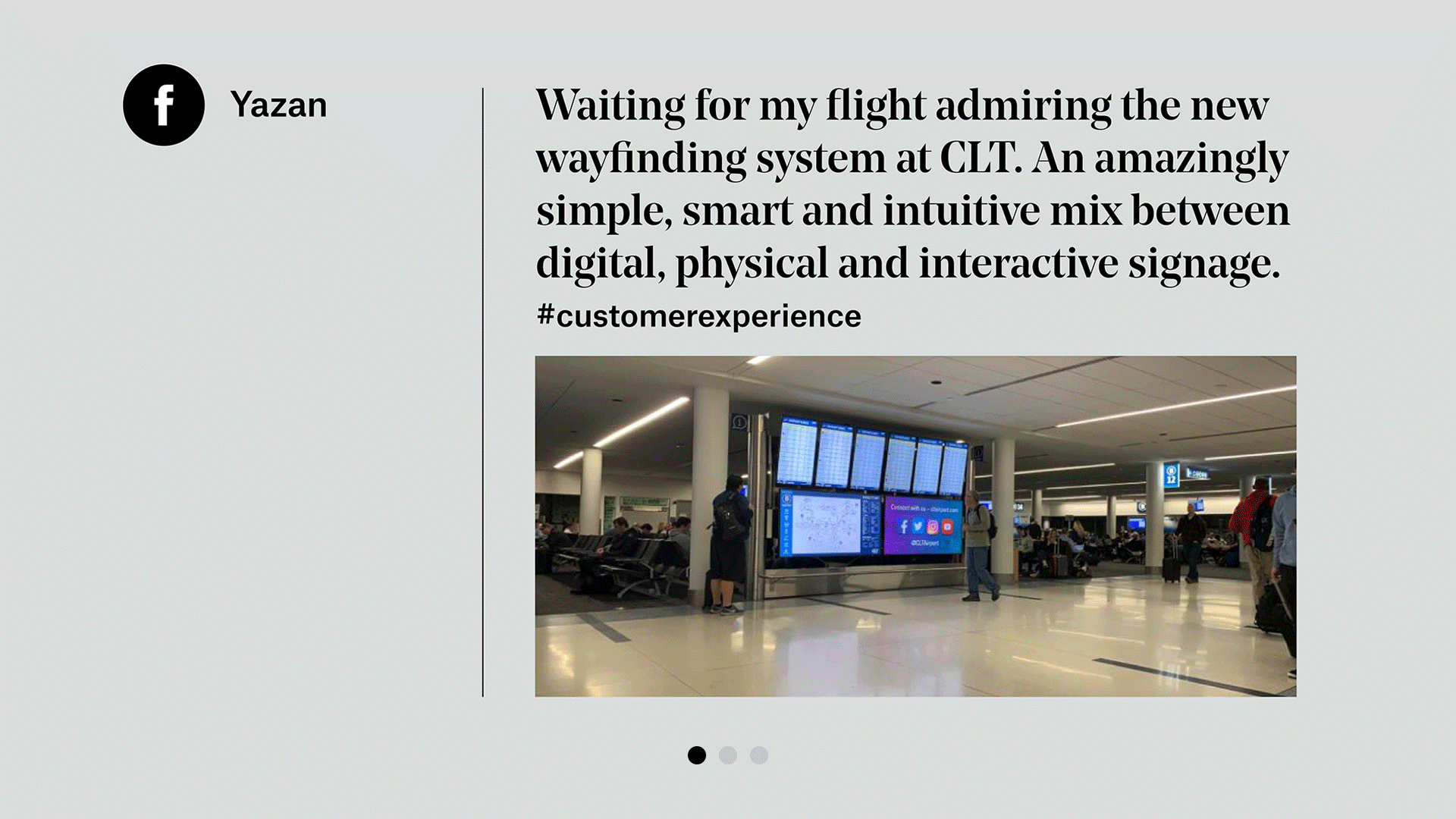 an animation displaying feedback from passengers via social media about Charlotte Douglas International Airport’s wayfinding signage