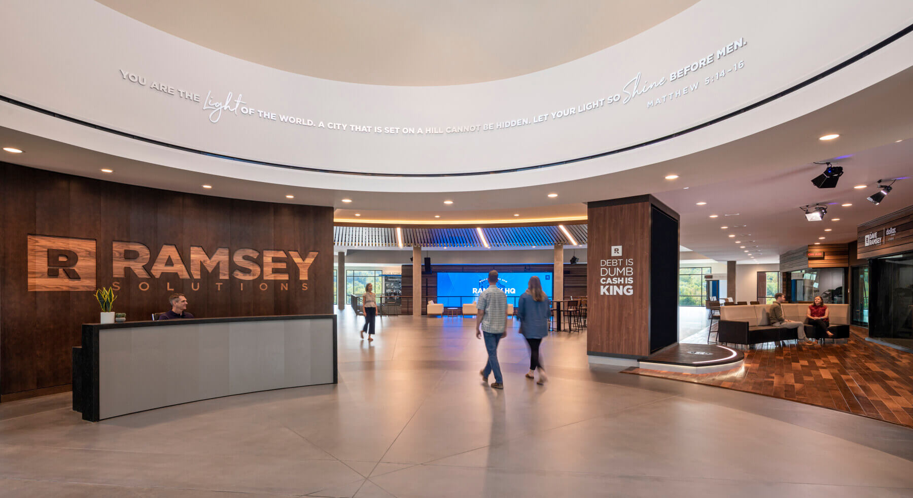 An interior shot of the lobby at the Ramsey Solutions headquarters building