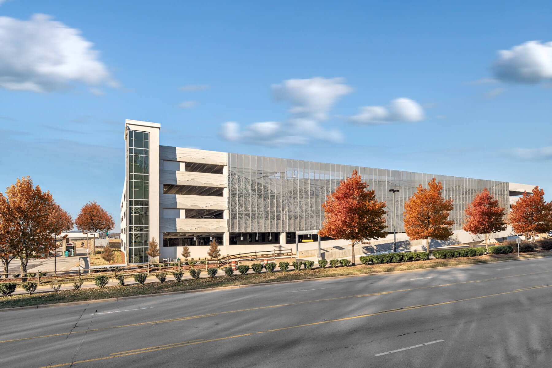 the exterior of Asheville Regional Airport’s three-story parking garage