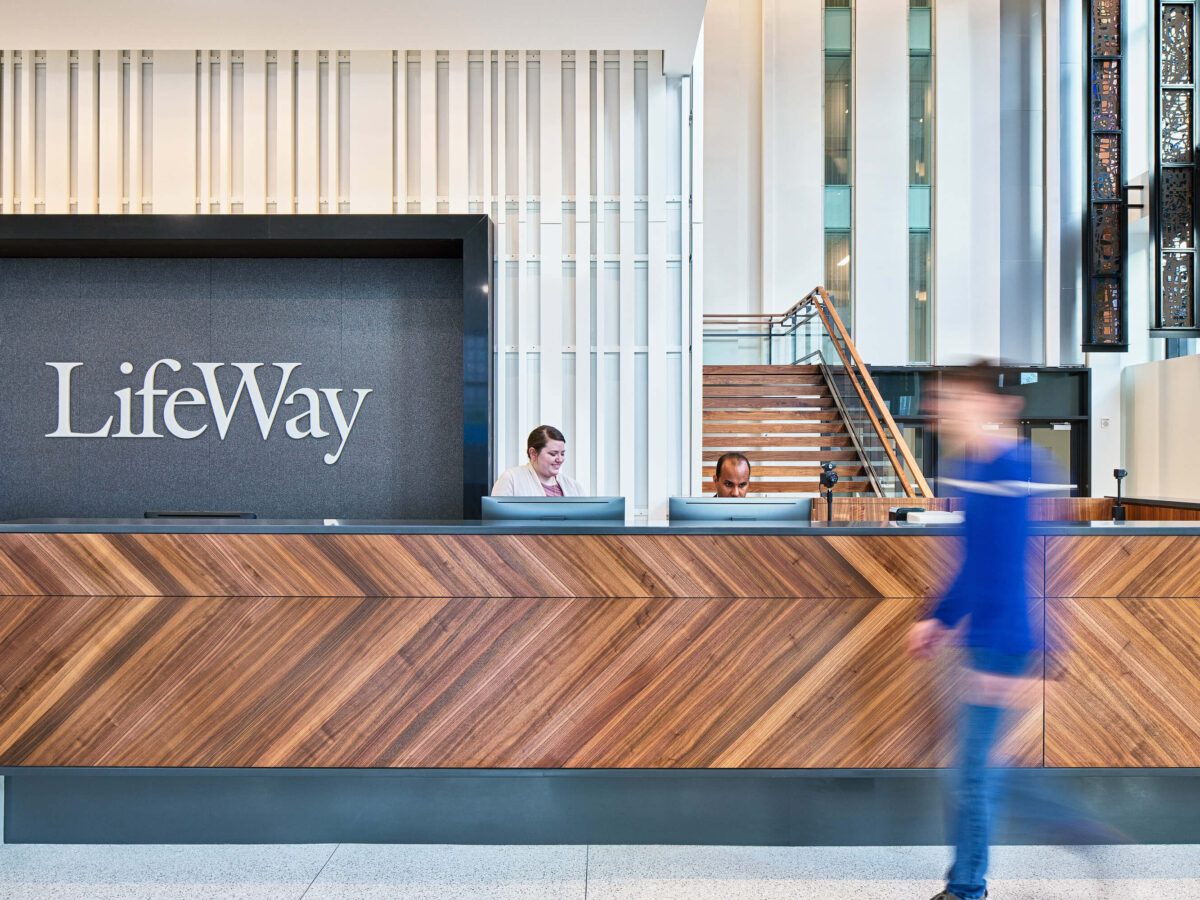 A reception desk at the LifeWay Christian Resources building