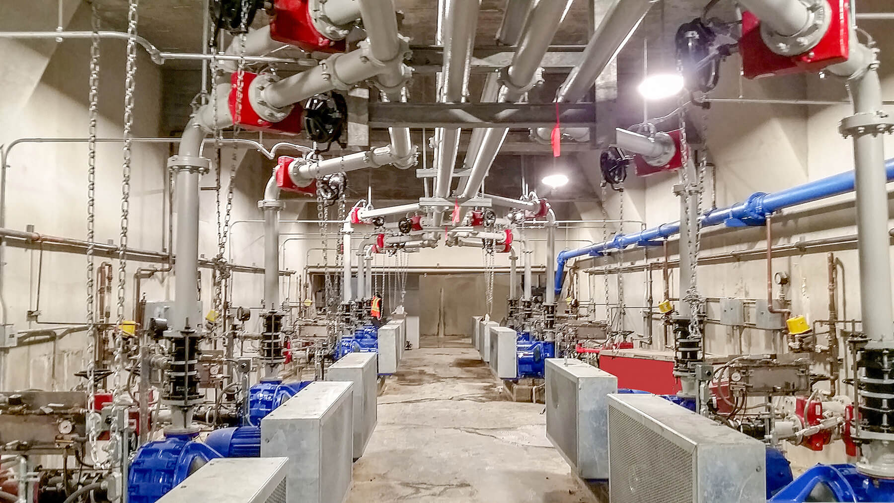 Interior image of grit removal screening system including piping at RM Clayton WRC’s headworks facility.