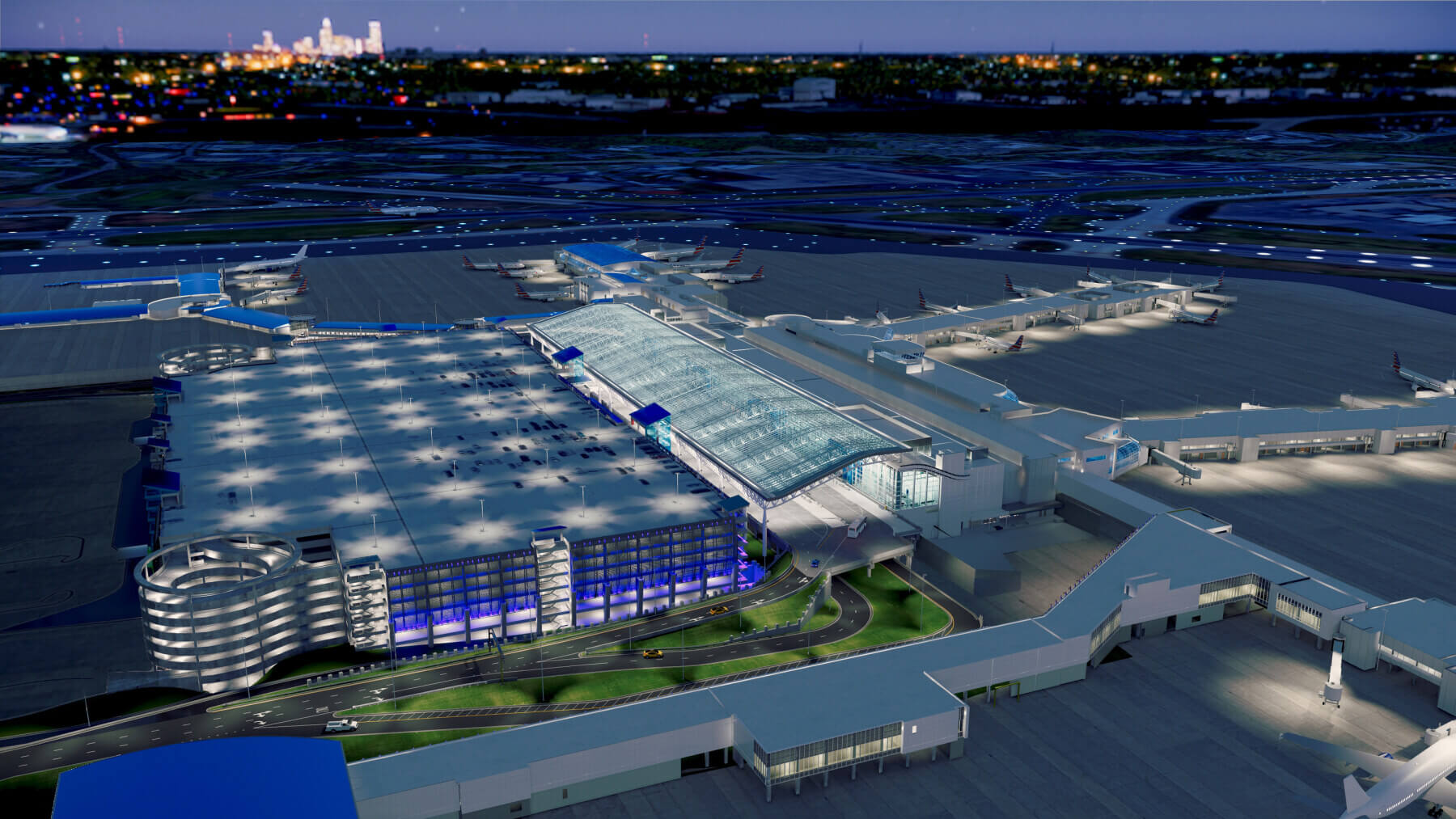 rendering of the aerial view at night of the expansion at Charlotte Douglas International Airport