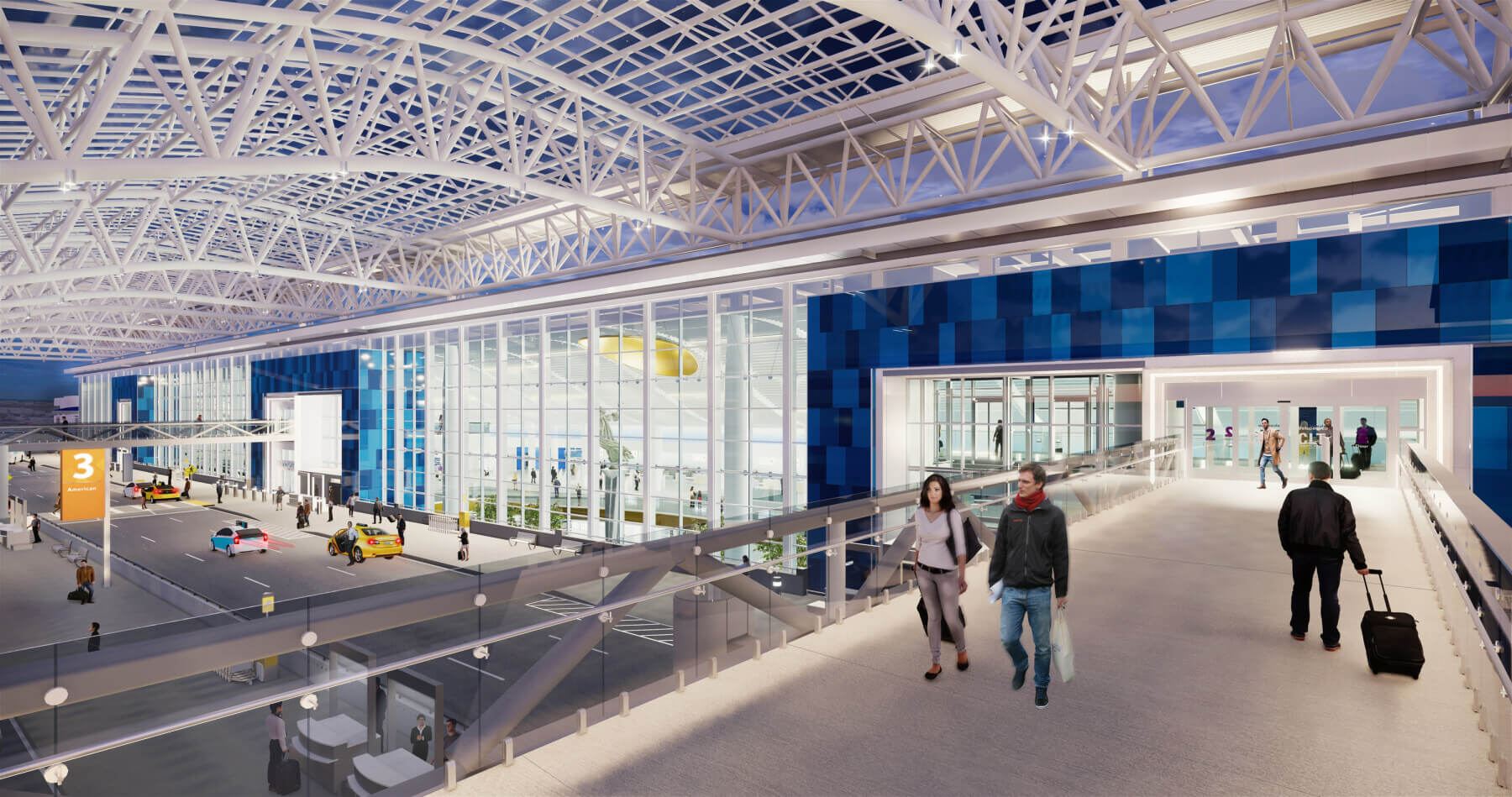 rendering of the pedestrian bridge over the roadway outside the terminal at Charlotte Douglas International Airport