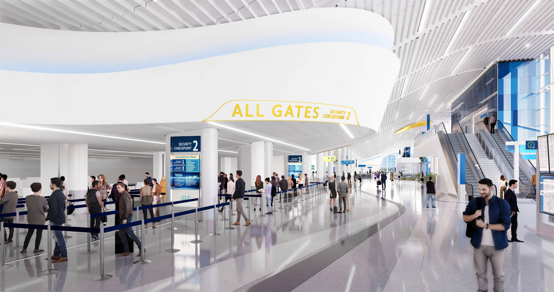 rendering of the security checkpoint in the expanded terminal lobby at Charlotte Douglas International Airport