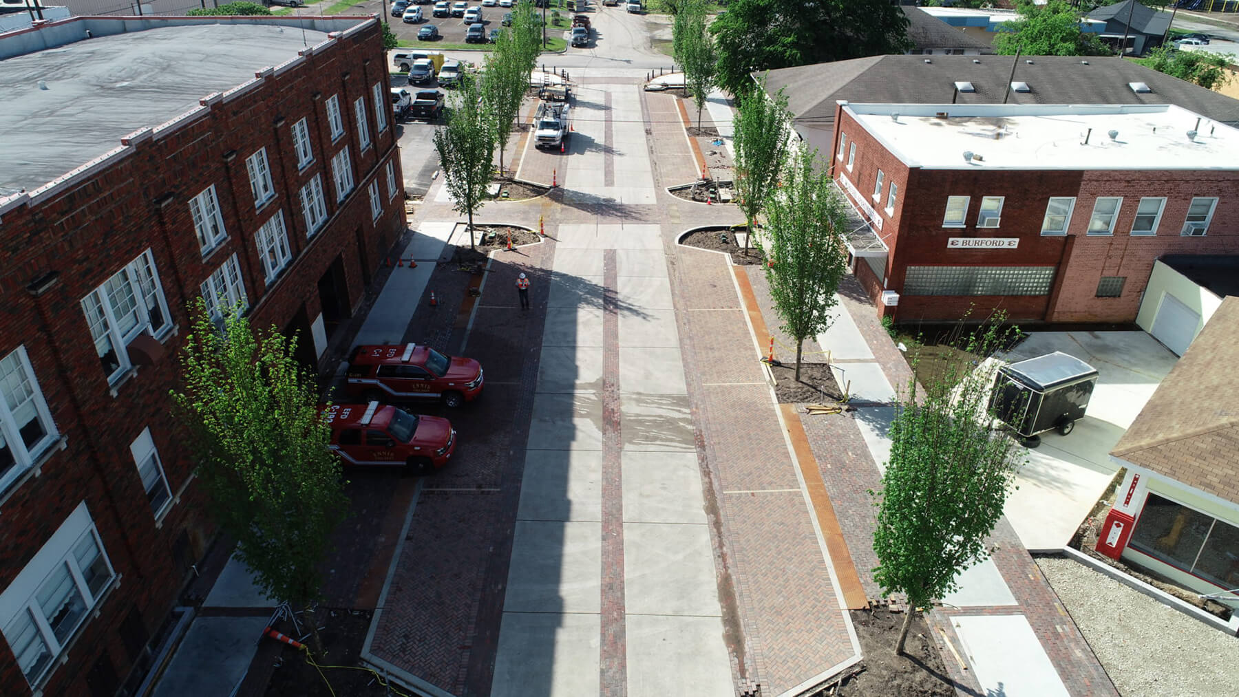An aerial view of a street in downtown Ennis prior to construction