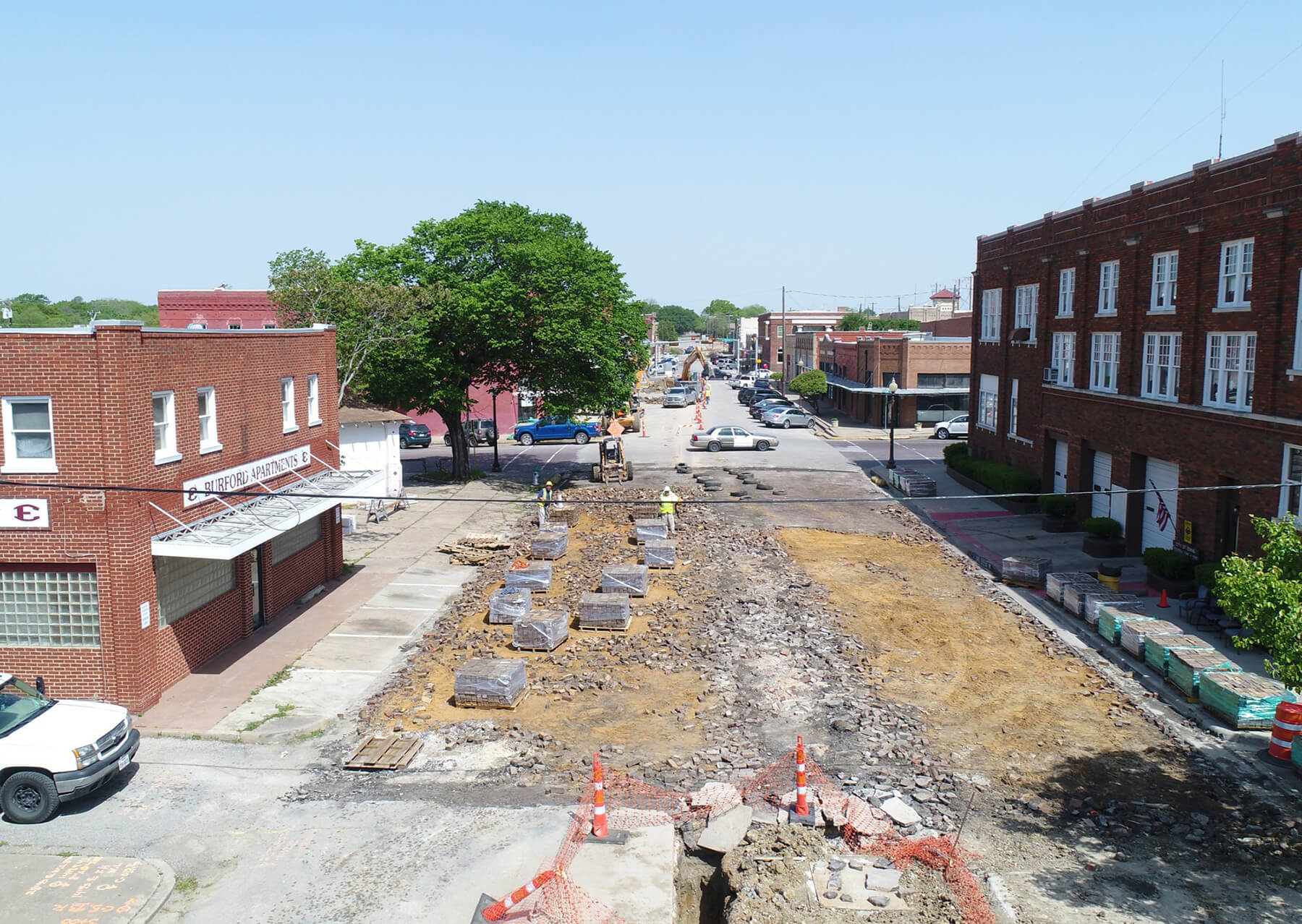 A roadway under construction in downtown Ennis