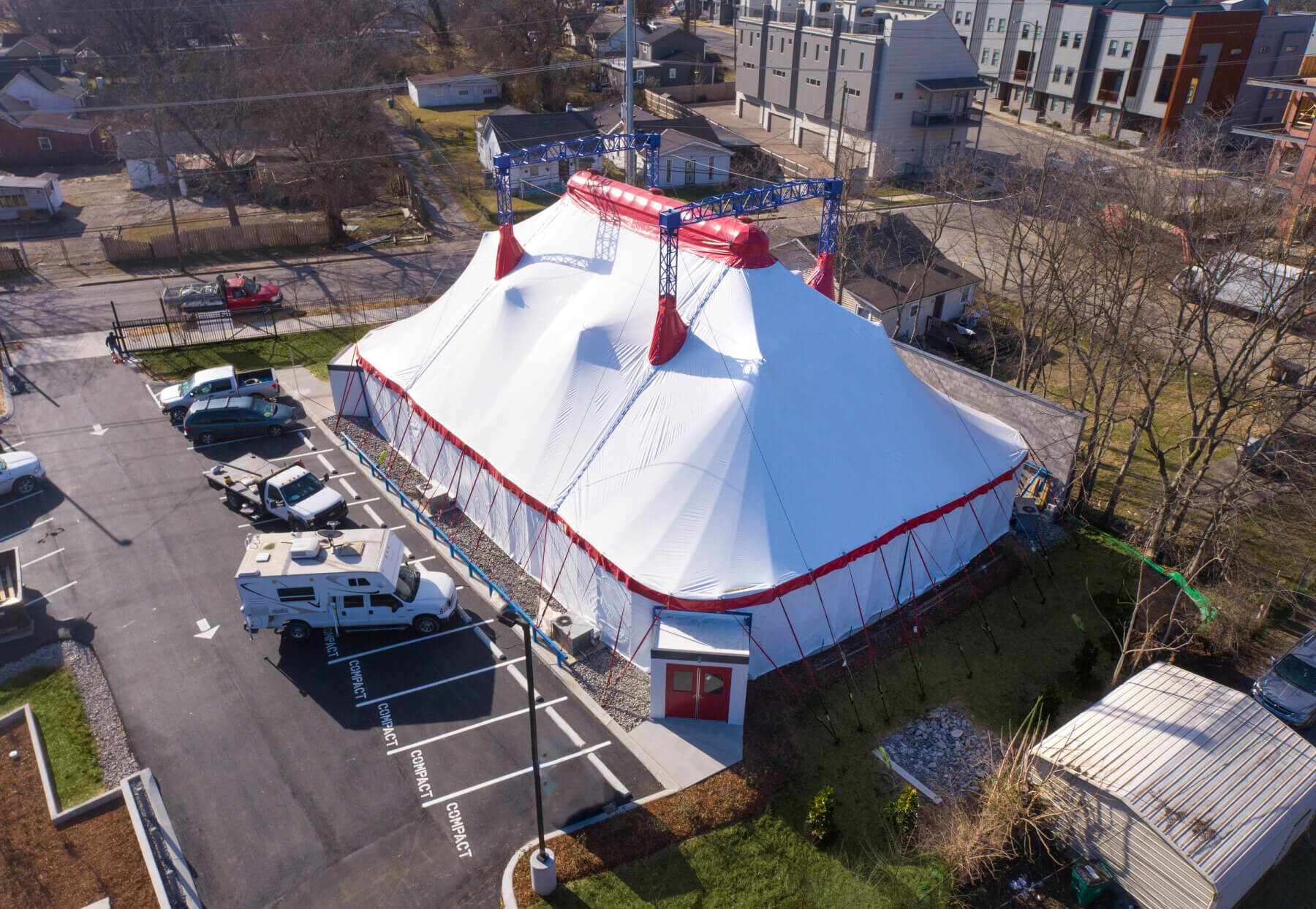 a drone shot of the tent at the Nashville School of Aerial Arts