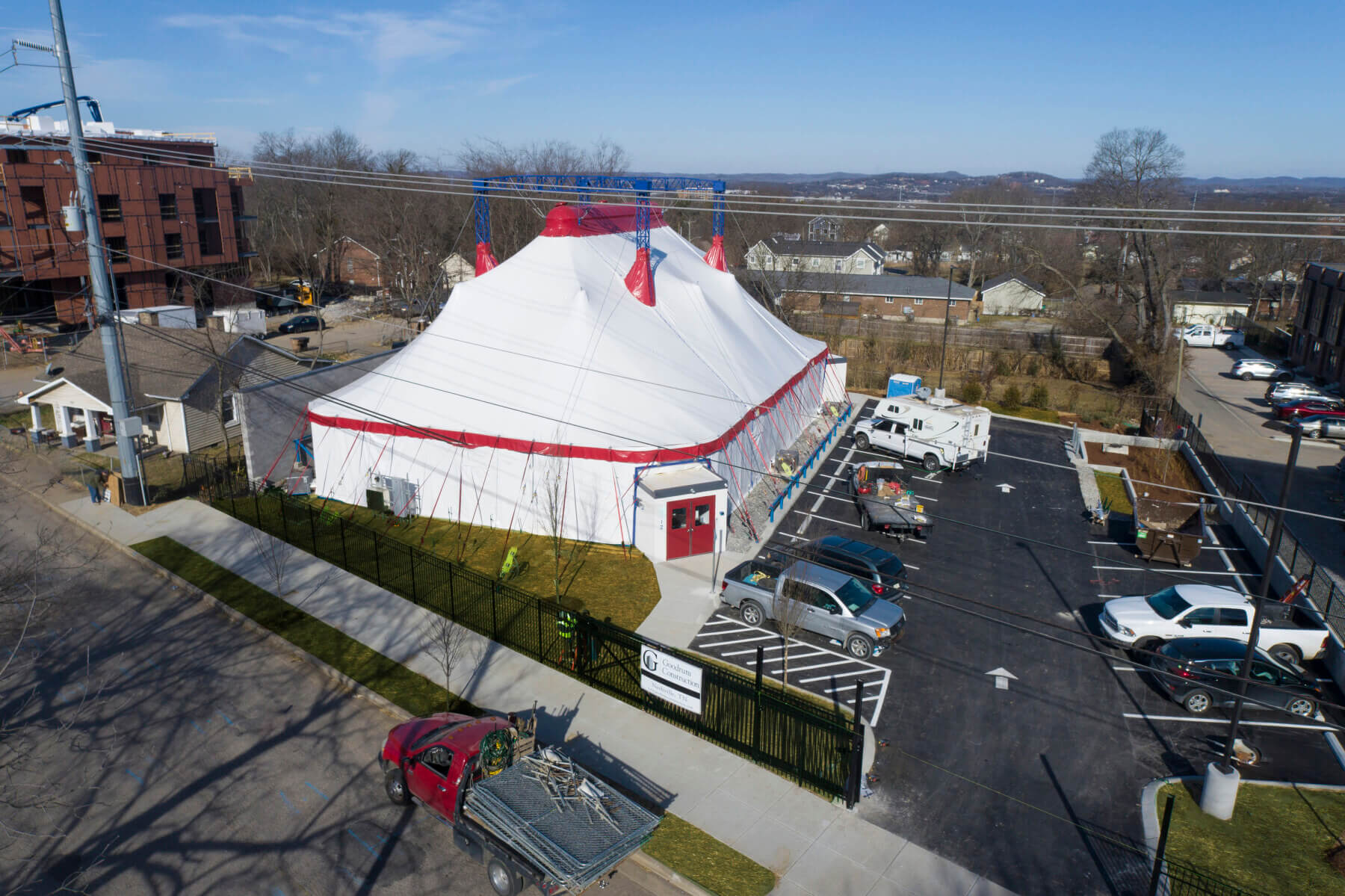 a drone shot of the tent at the Nashville School of Aerial Arts
