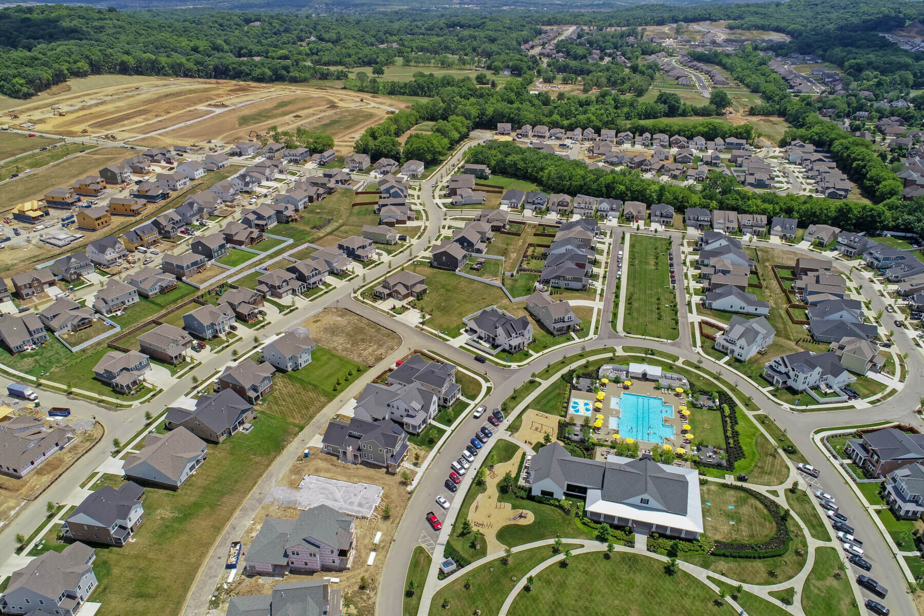 a drone shot showing the entire Durham Farms development with rows of houses