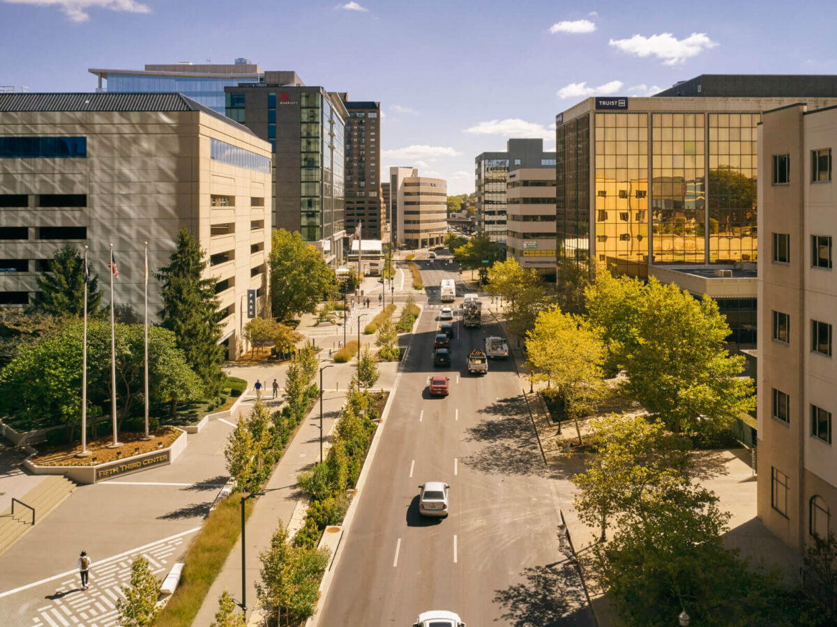 an aerial shot of downtown Lexington and Town Branch Commons