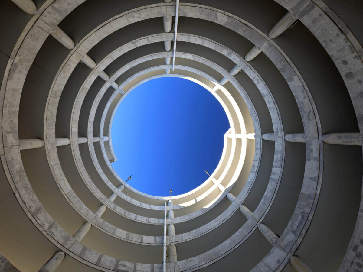 a circular ramp in parking garage D at Norfolk International Airport