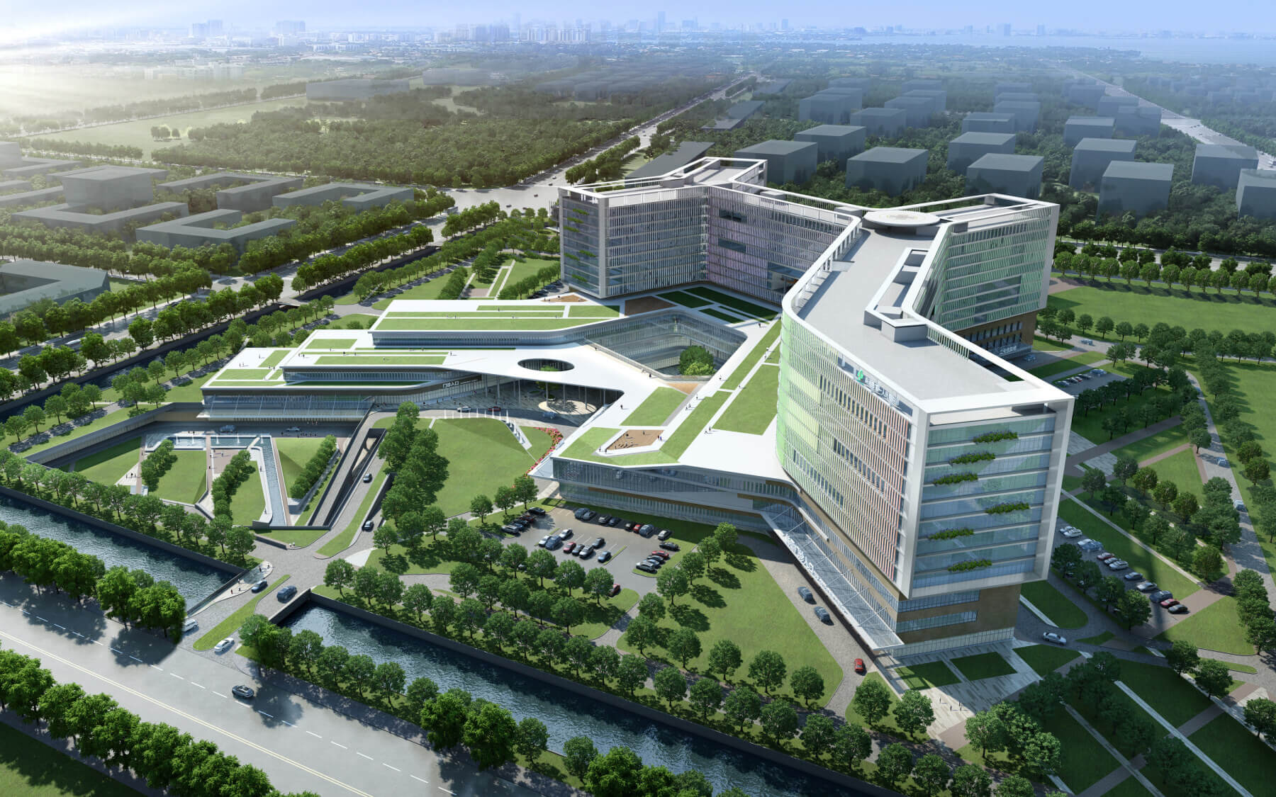 exterior aerial view rendering of the hospital