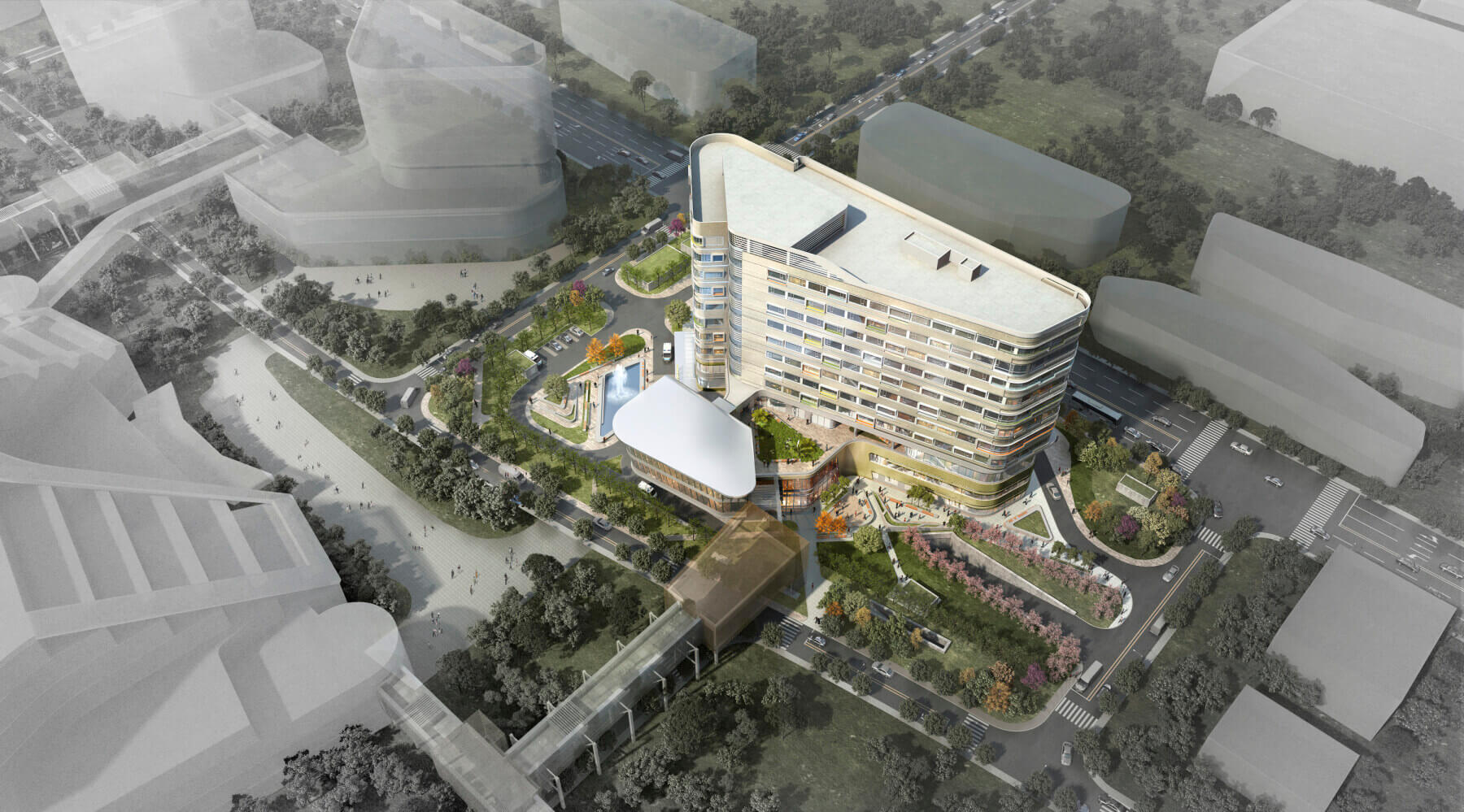 daytime aerial rendering of Lanhai rehab hospital