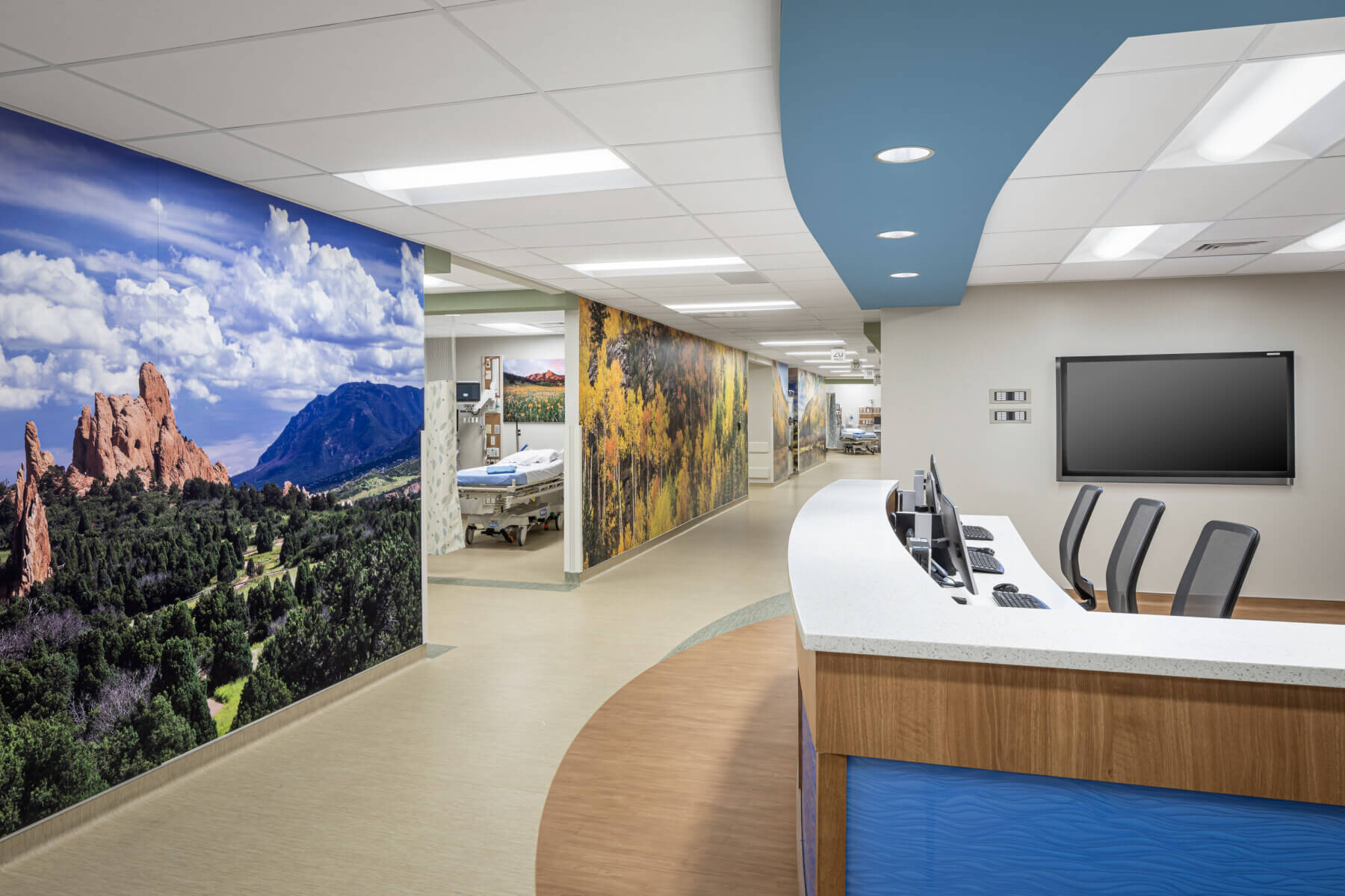 a nurse station with large wall graphics