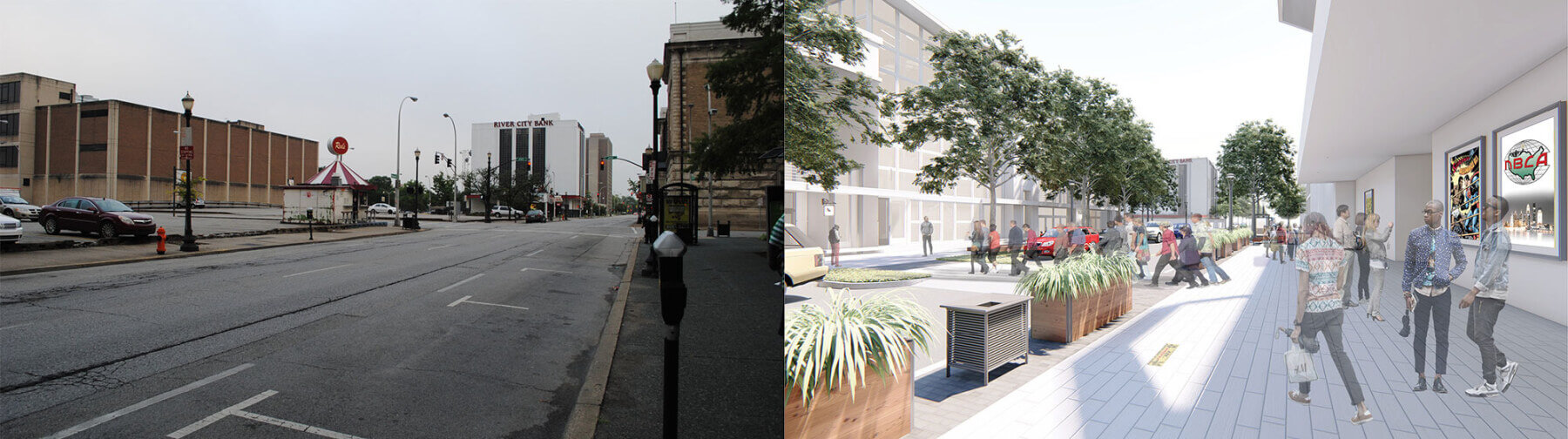A before photo and a rendering showing the transformation of the Muhammad Ali Boulevard