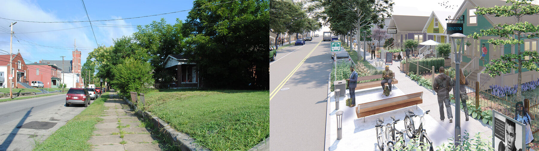 A before and after photo showing the exisiting road and the rendering of the Muhammad Ali Boulevard