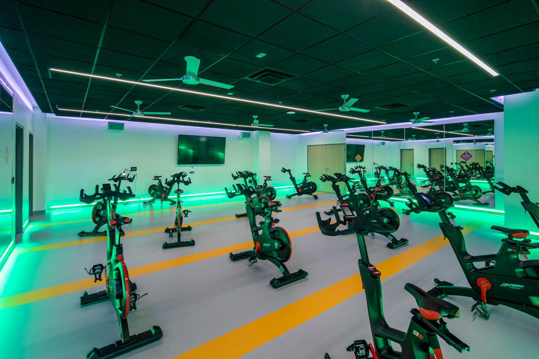 group class room with stationary bikes