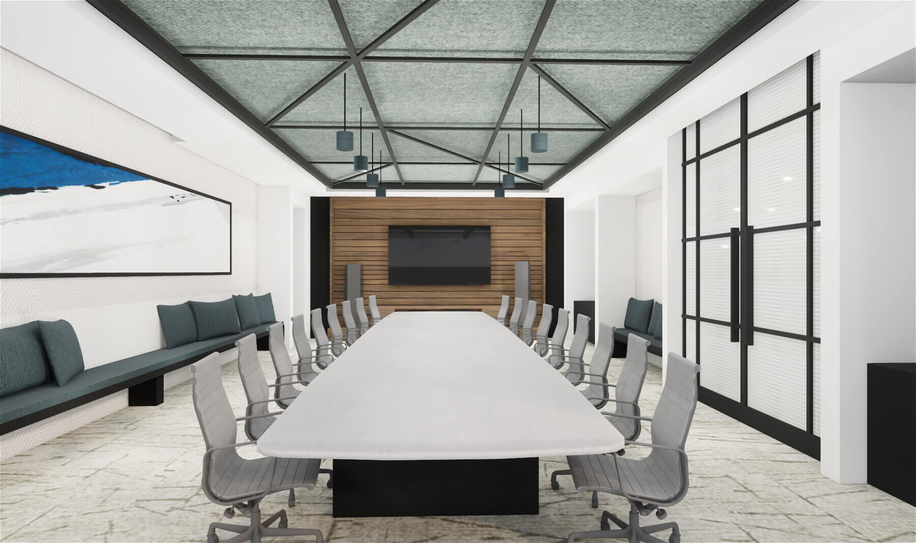 A rendering of a conference room in the Universal Music Group Nashville offices