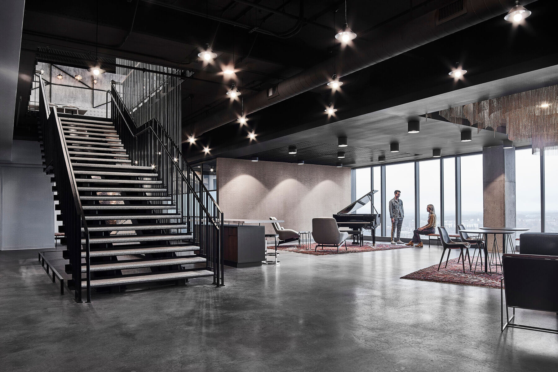 The main lobby and connecting stairs in the Universal Music Group Nashville offices