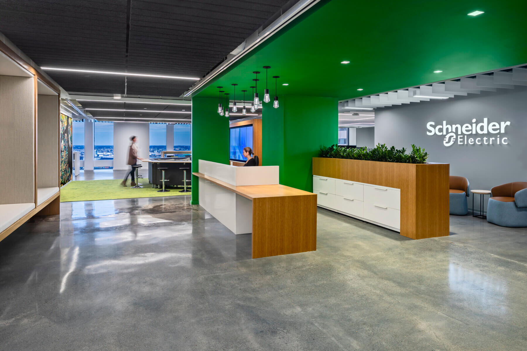 a reception desk and lobby in the Schneider Electric Offices