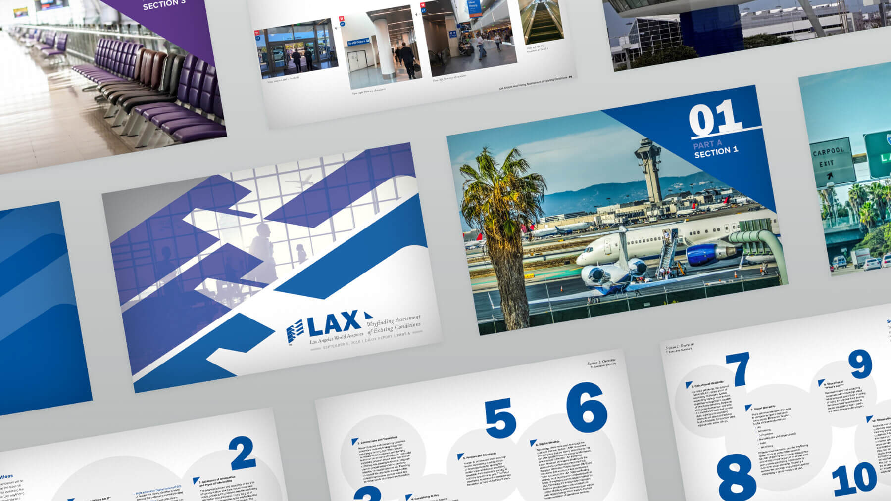 a collage of pages from the wayfinding report provided to Los Angeles International Airport