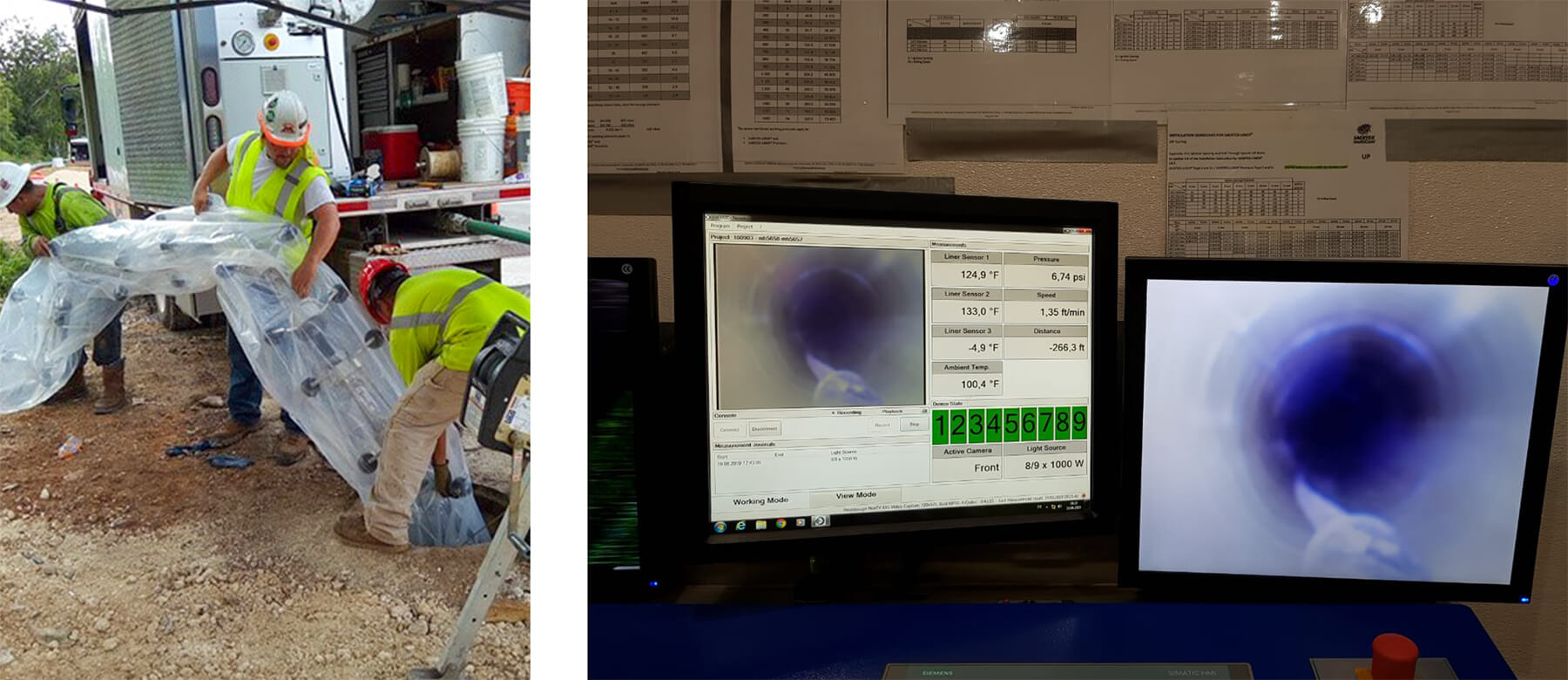 Left Image: Workers lowering cast-in-place pipe. Right image: Computer monitors show inside pipe as well as metrics.