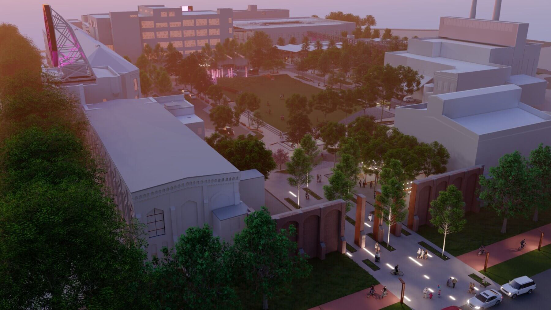 A rendering at night of the Clark’s Landing Conceptual Master Plan Study