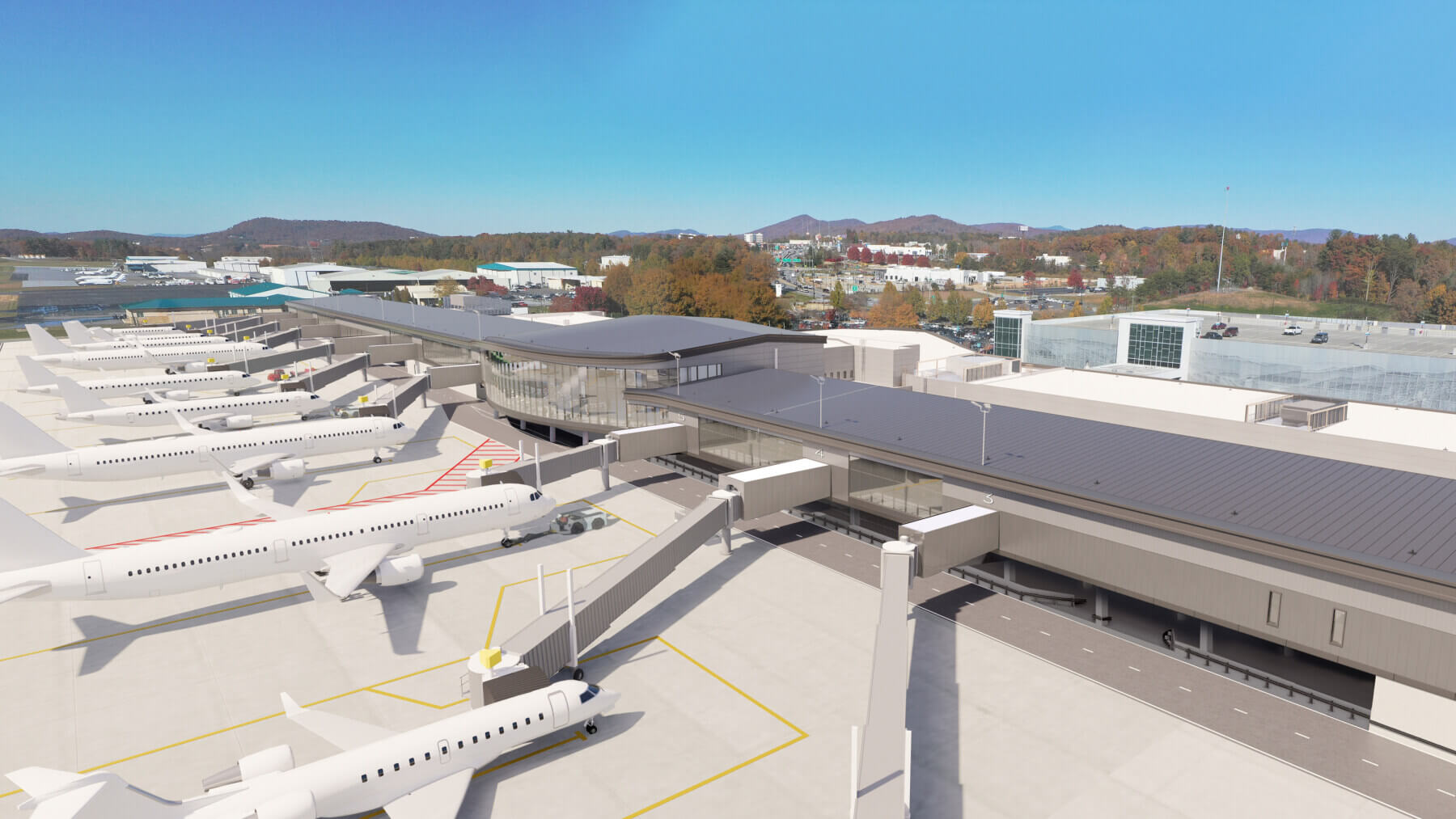 aerial view rendering of Asheville Regional Airport’s terminal after construction